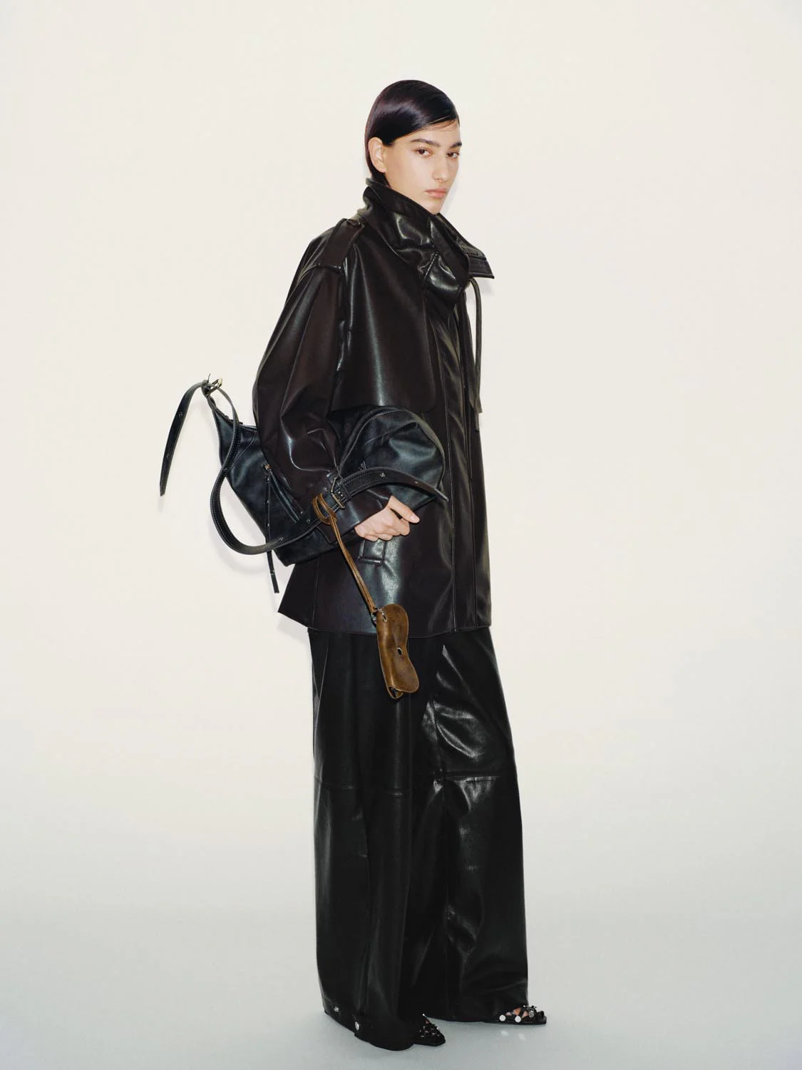 Faux Leather Funnel Neck Belted Trench Coats - Image 4