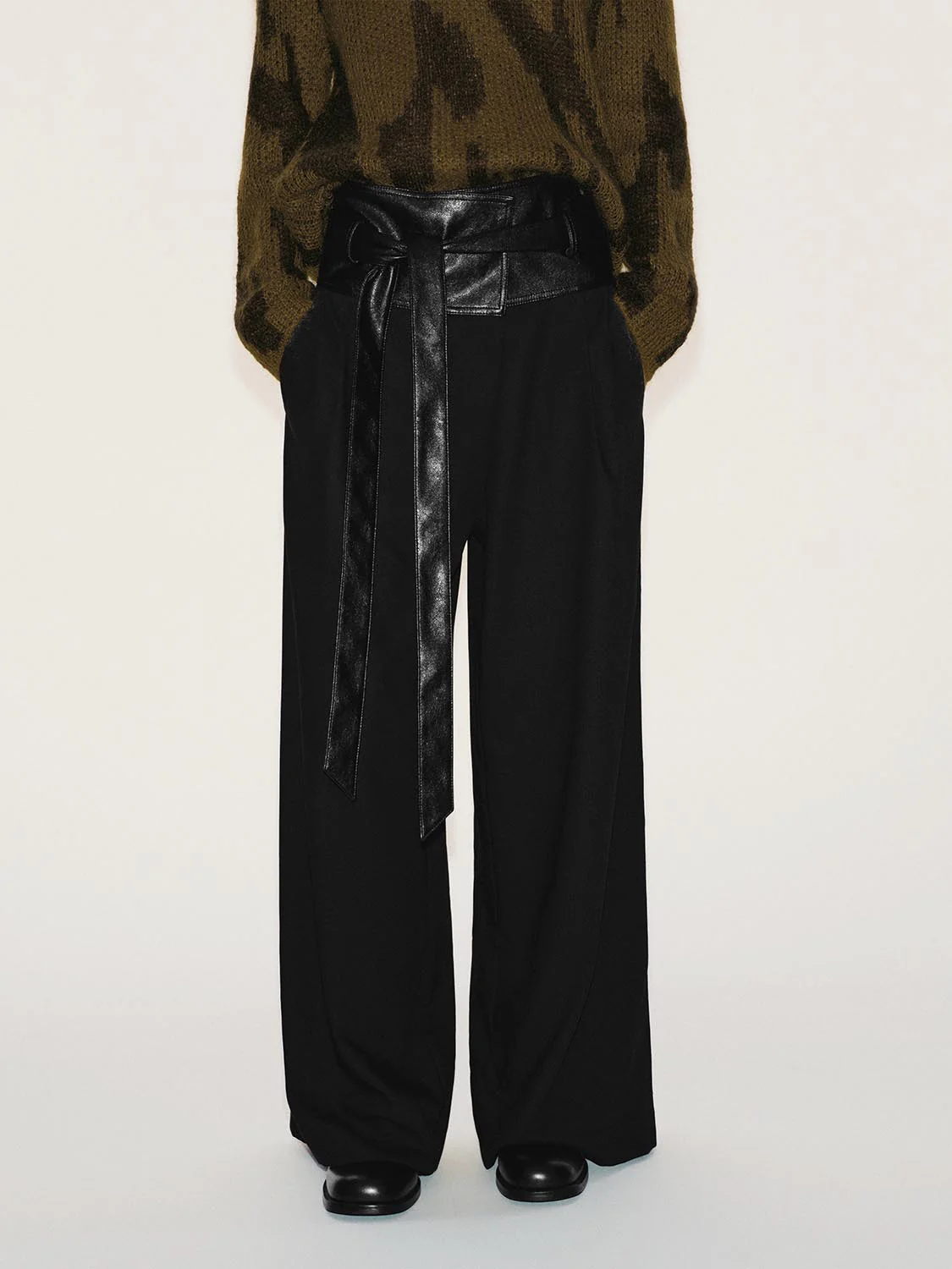 Faux Leather Tie Waist Wide Leg Pants - Image 9