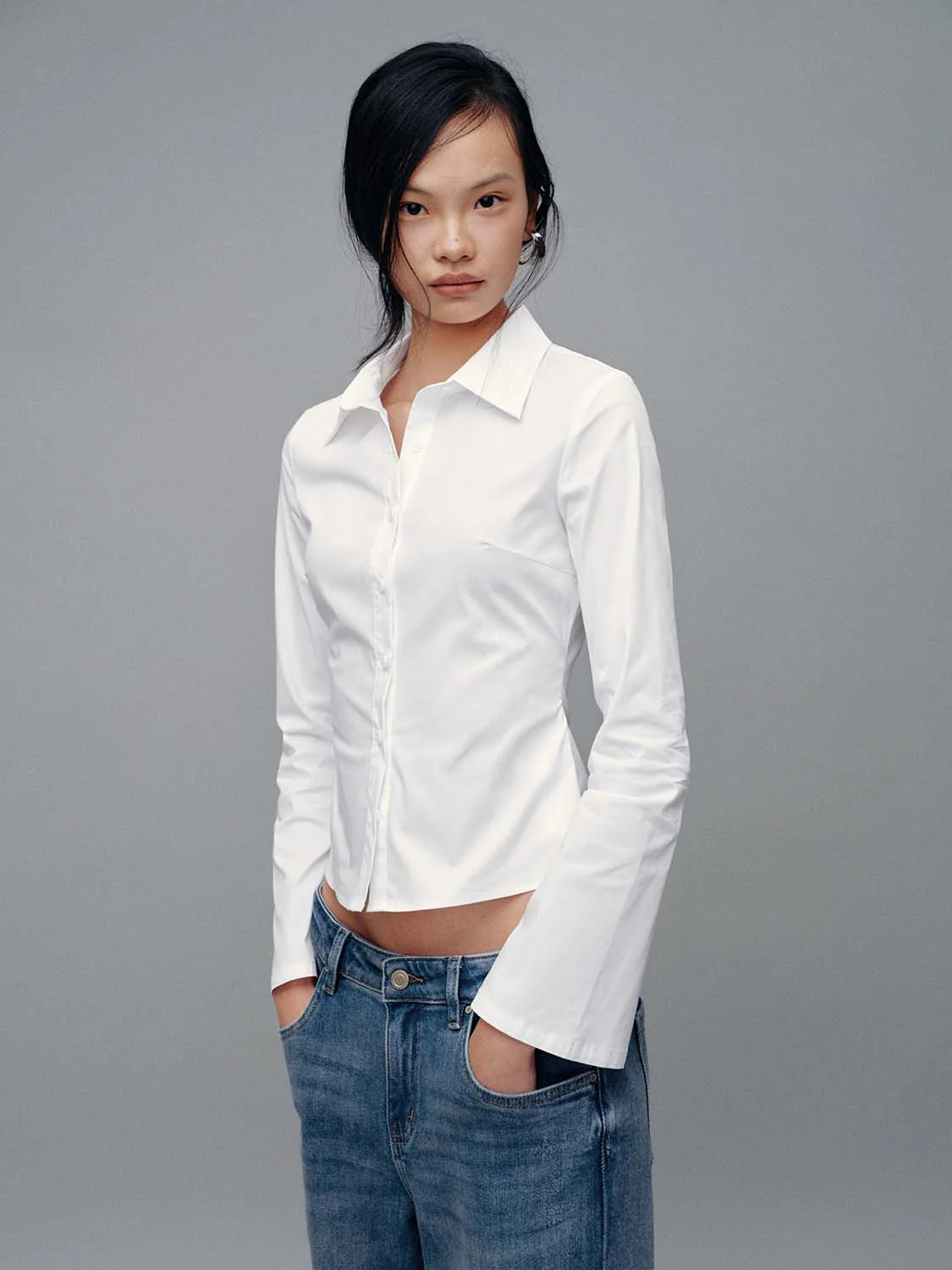 Flare Sleeve Cropped Nipped Waist Ruched Shirts