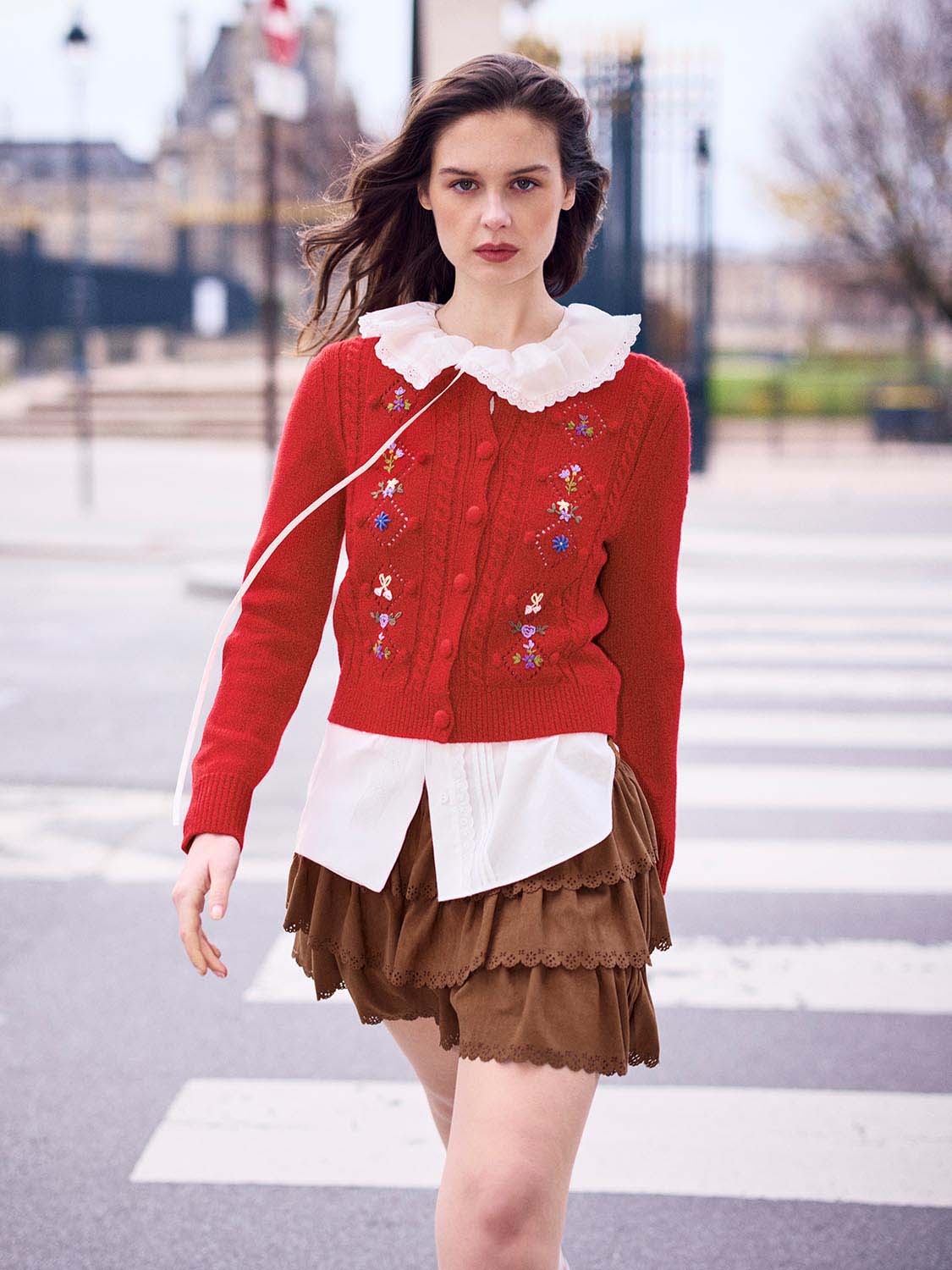 Floral Embroidered Cable Knitted Cardigan - Image 2