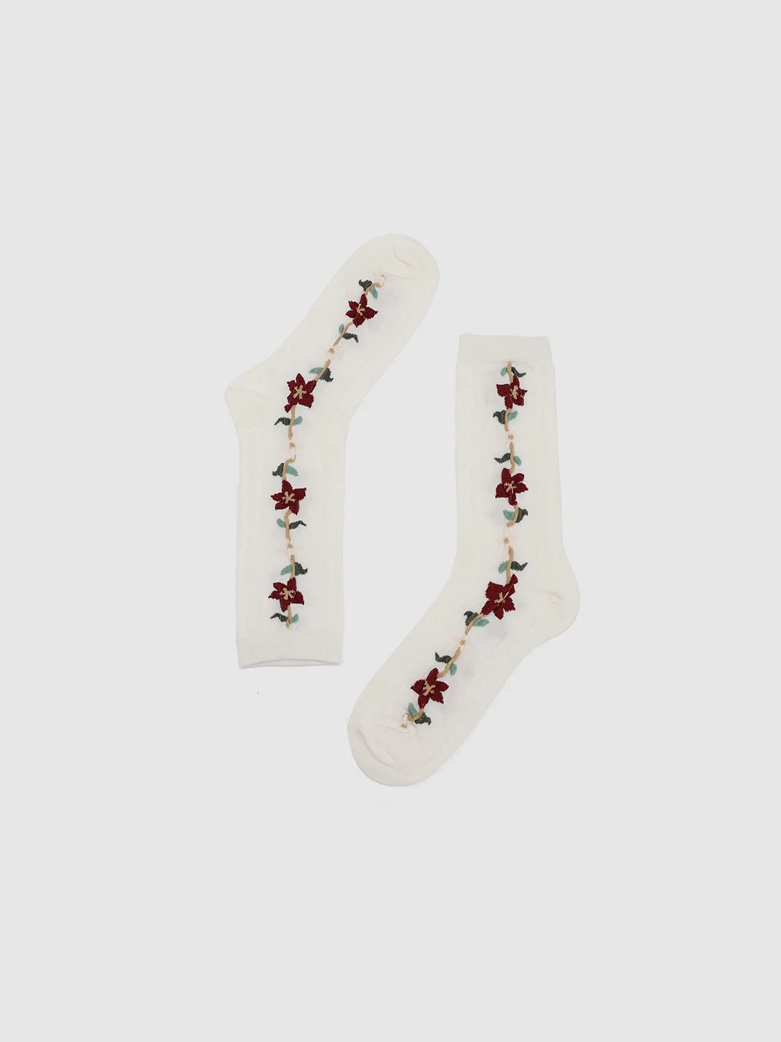 Floral Embroidered Cable Knitted Socks - Image 2