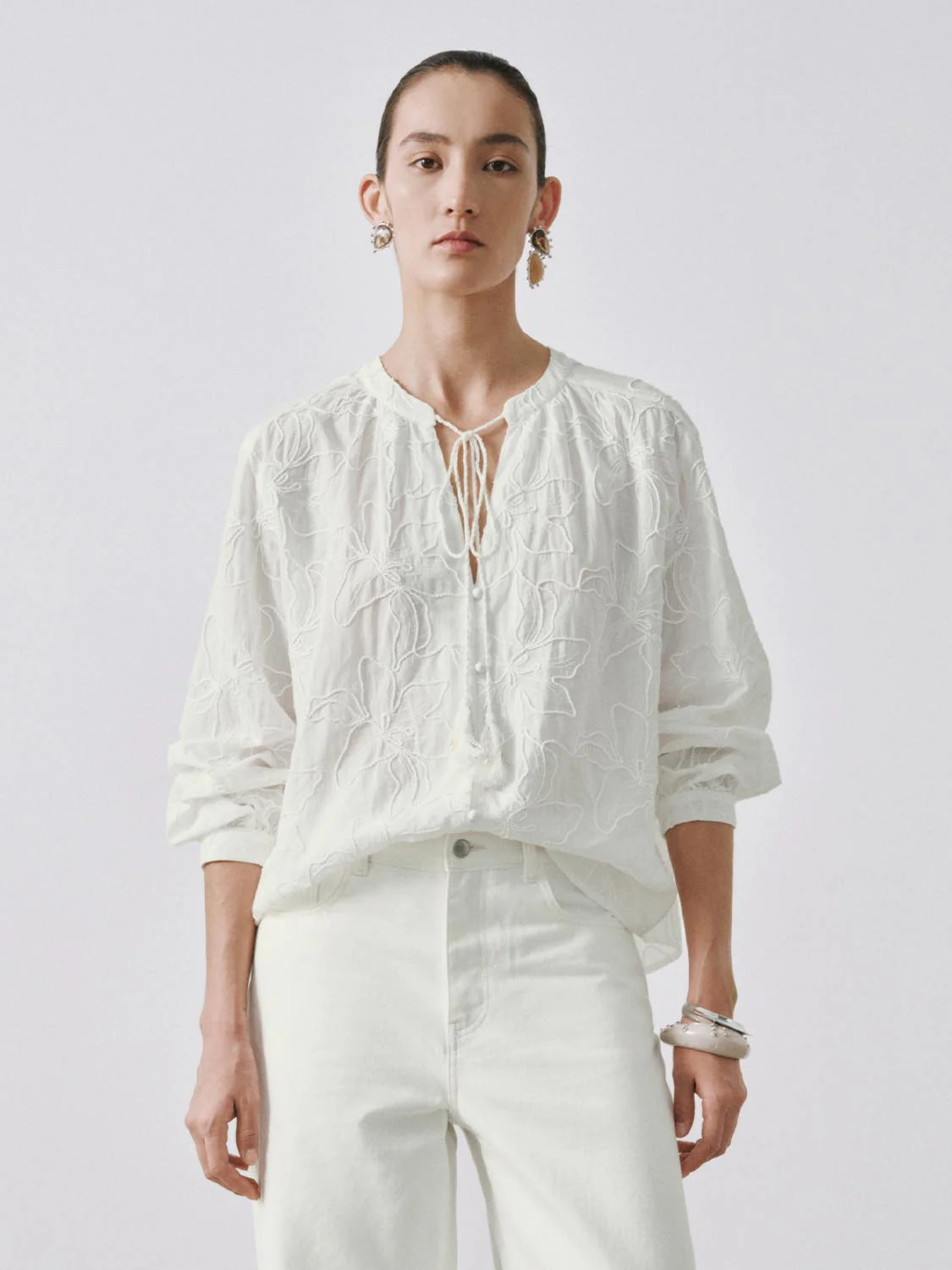 Floral Embroidered Tie Detail V-Neck Shirts