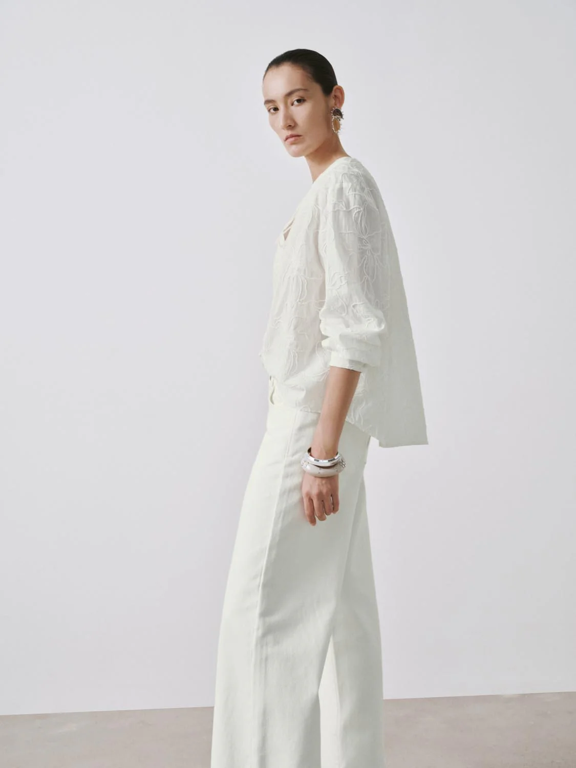 Floral Embroidered Tie Detail V-Neck Shirts - Image 2