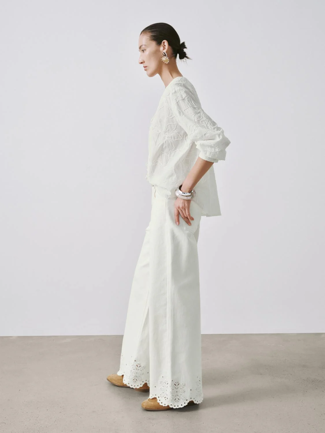Floral Embroidered Tie Detail V-Neck Shirts - Image 4