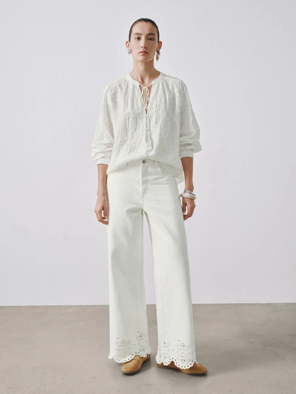 Floral Embroidered Tie Detail V-Neck Shirts - Image 5