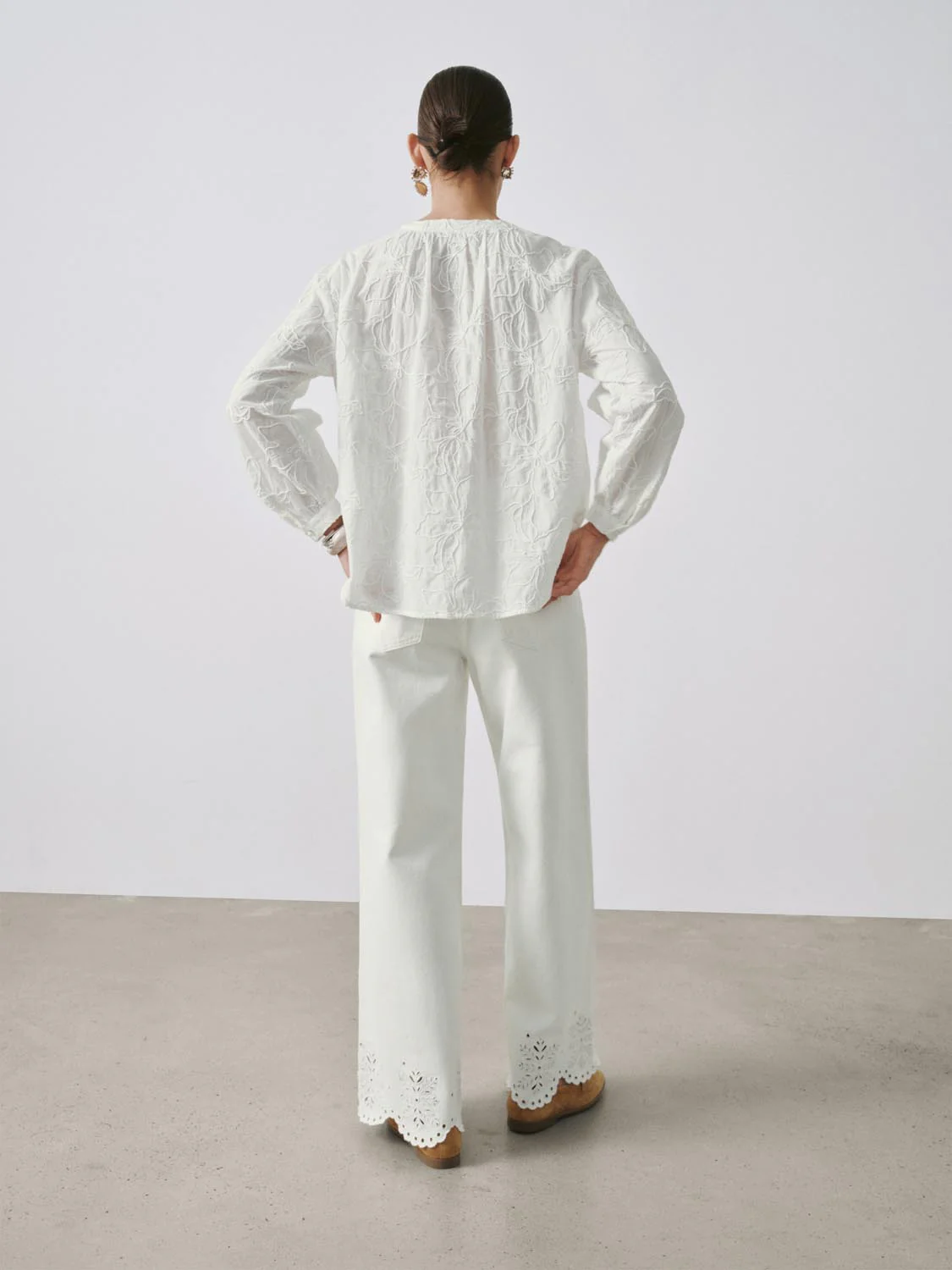 Floral Embroidered Tie Detail V-Neck Shirts - Image 6