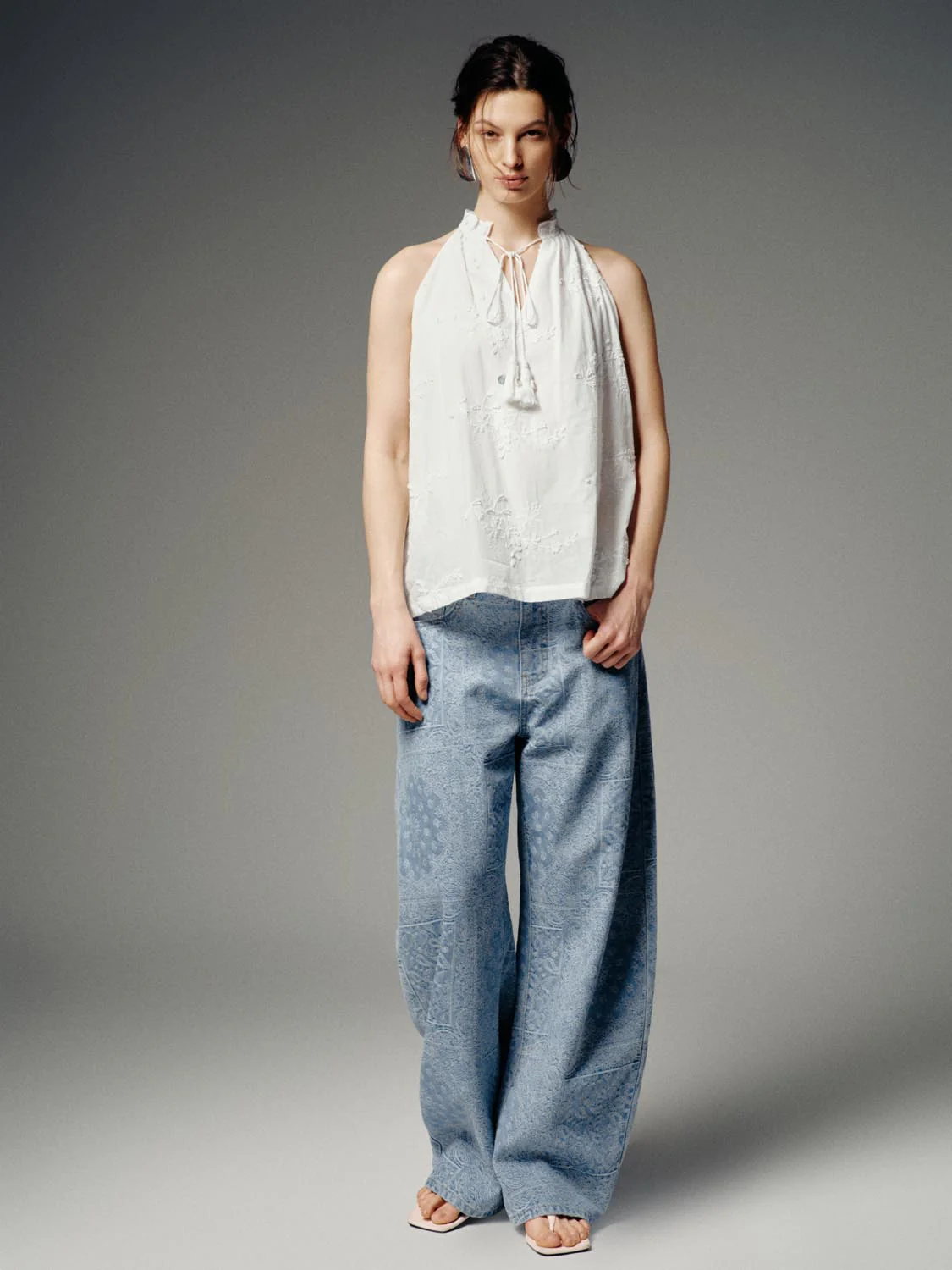 Floral Embroidered Tie Neck Sleeveless Overhead Shirt - Image 5