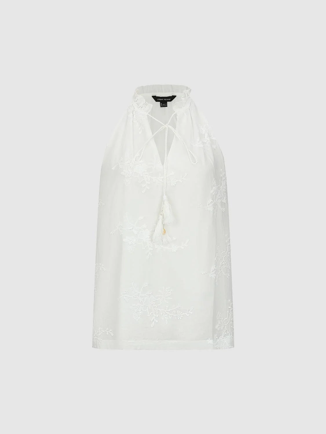 Floral Embroidered Tie Neck Sleeveless Overhead Shirt - Image 7