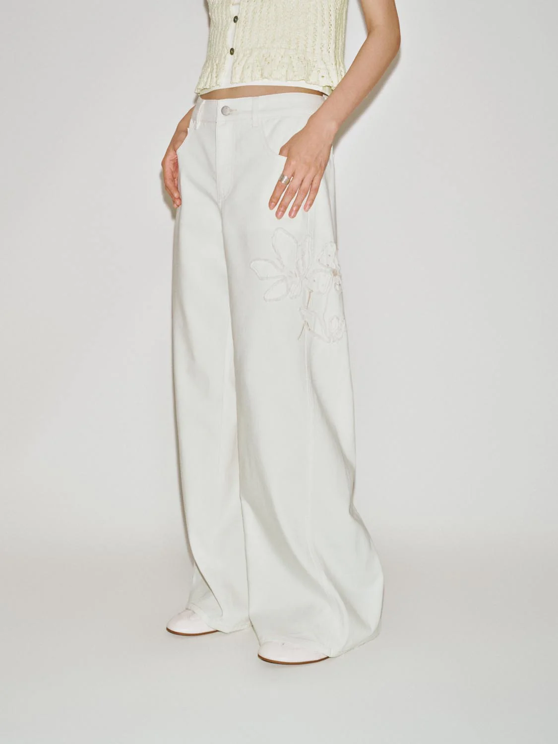 Floral Embroidered Wide Leg Jeans - Image 3