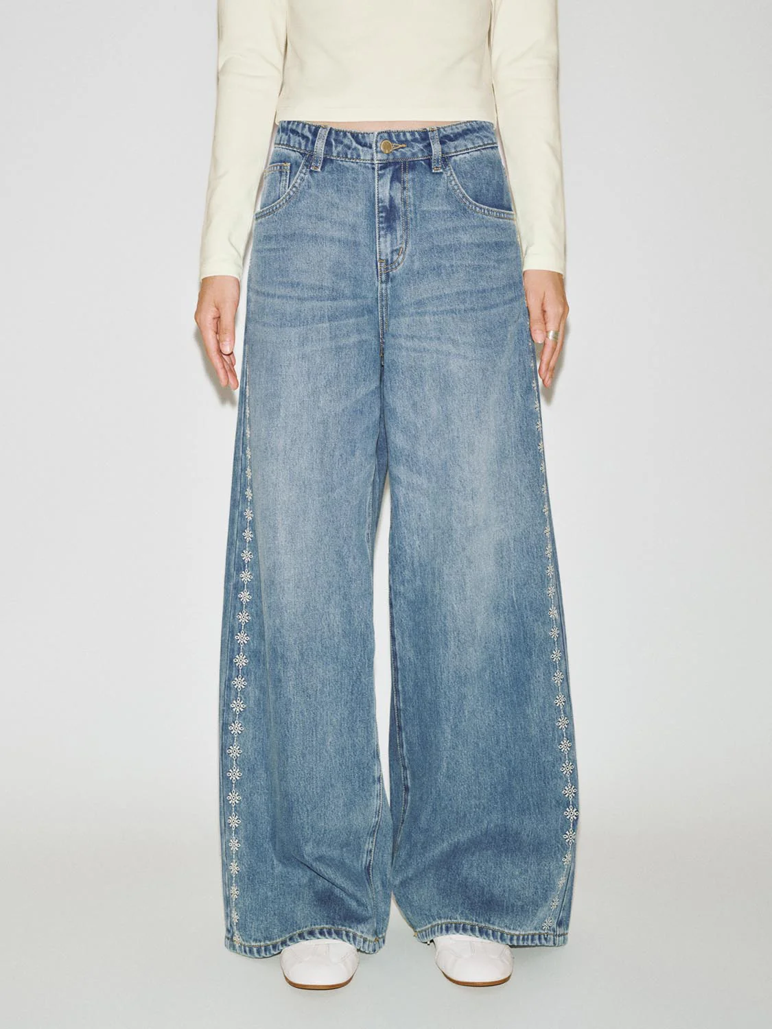 Floral Embroidered Wide Leg Jeans - Image 9