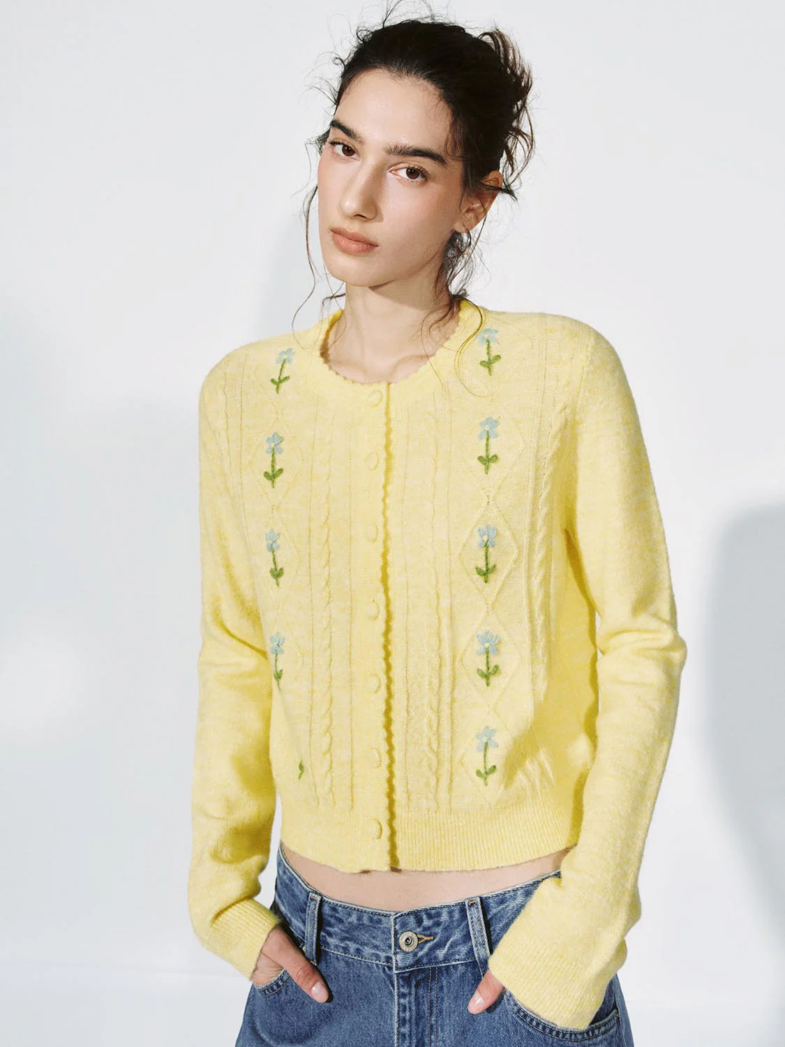 Floral Intarsia Cable Knitted Cardigan - Image 9