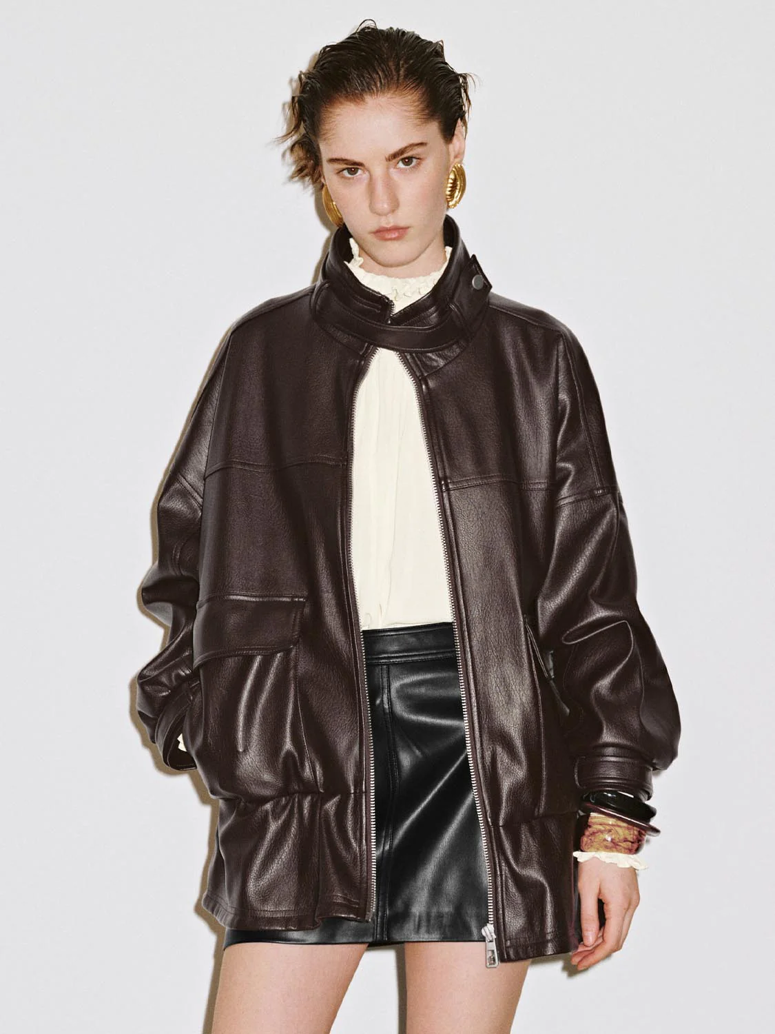 Full Zip Stand Collar Vegan Leather Jackets - Image 2