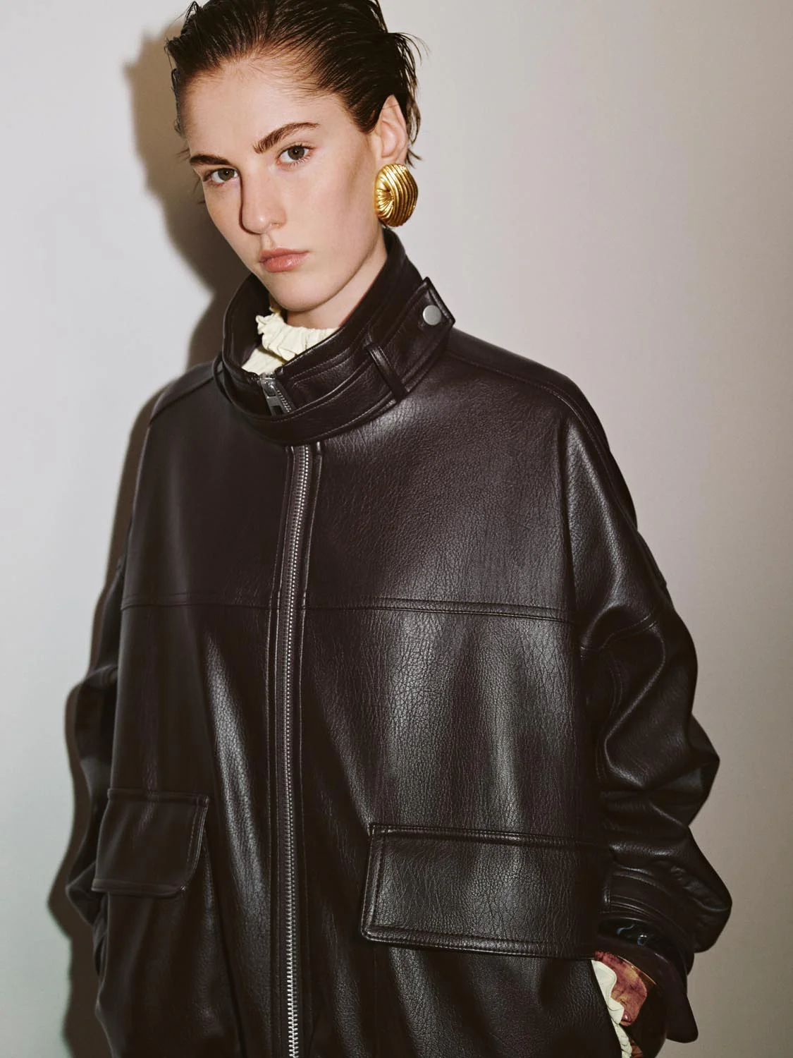Full Zip Stand Collar Vegan Leather Jackets - Image 4