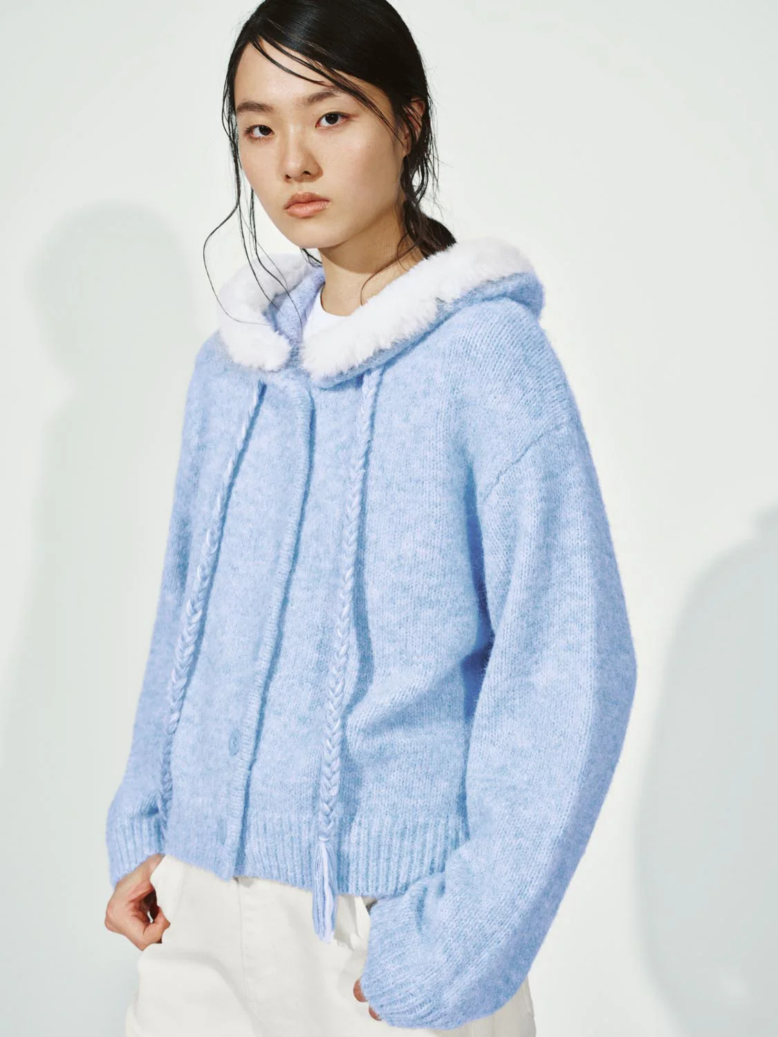 Hooded Fluffy Trim Knitted Cardigans - Image 10