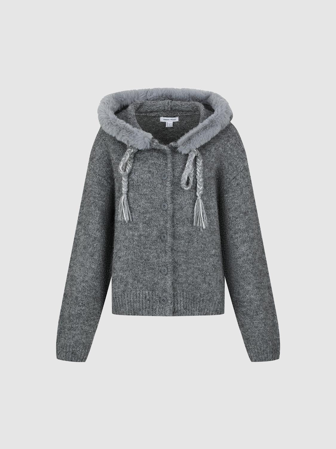 Hooded Fluffy Trim Knitted Cardigans - Image 7