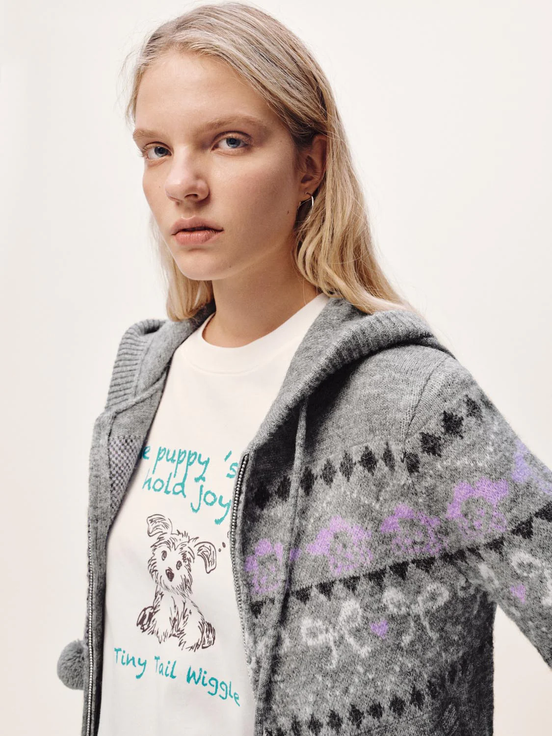 Hooded Intarsia Zip Up Knitted Cardigans - Image 19