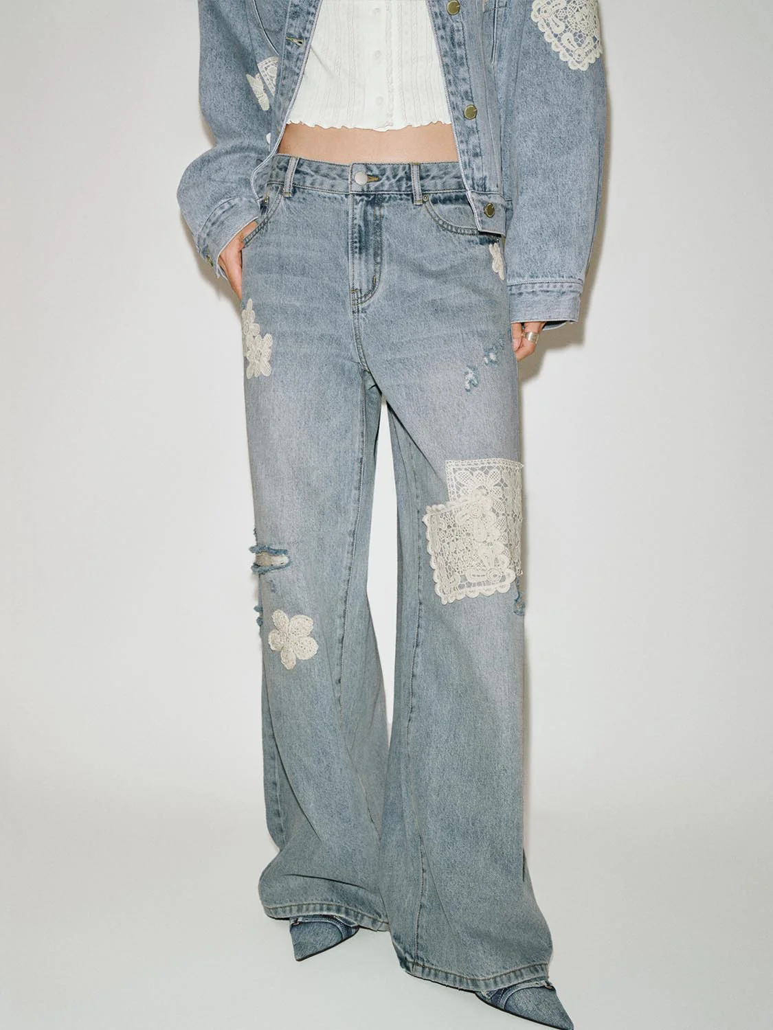 Lace Patch Wide Leg Jeans - Image 9