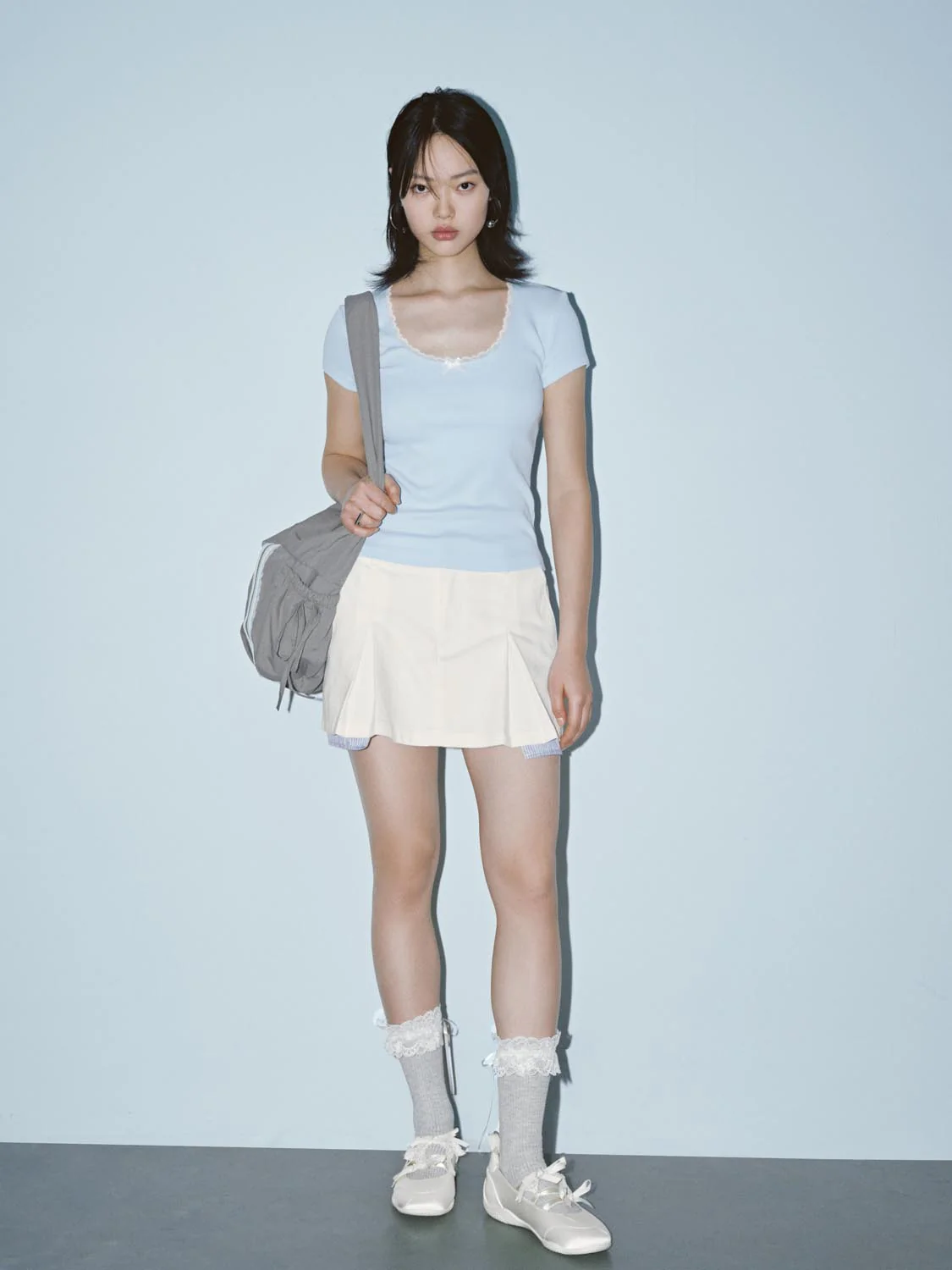 Lace Trim Bow Detail Scoop Neck Skinny-Fit T-Shirts - Image 12