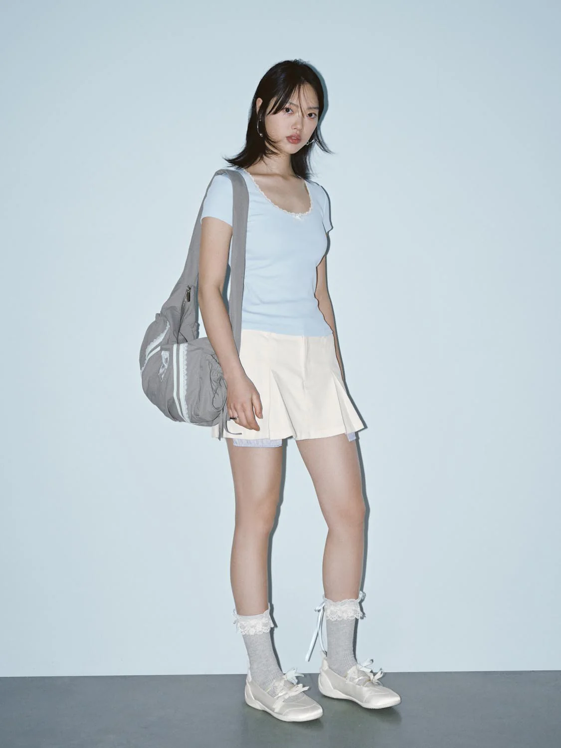 Lace Trim Bow Detail Scoop Neck Skinny-Fit T-Shirts - Image 13