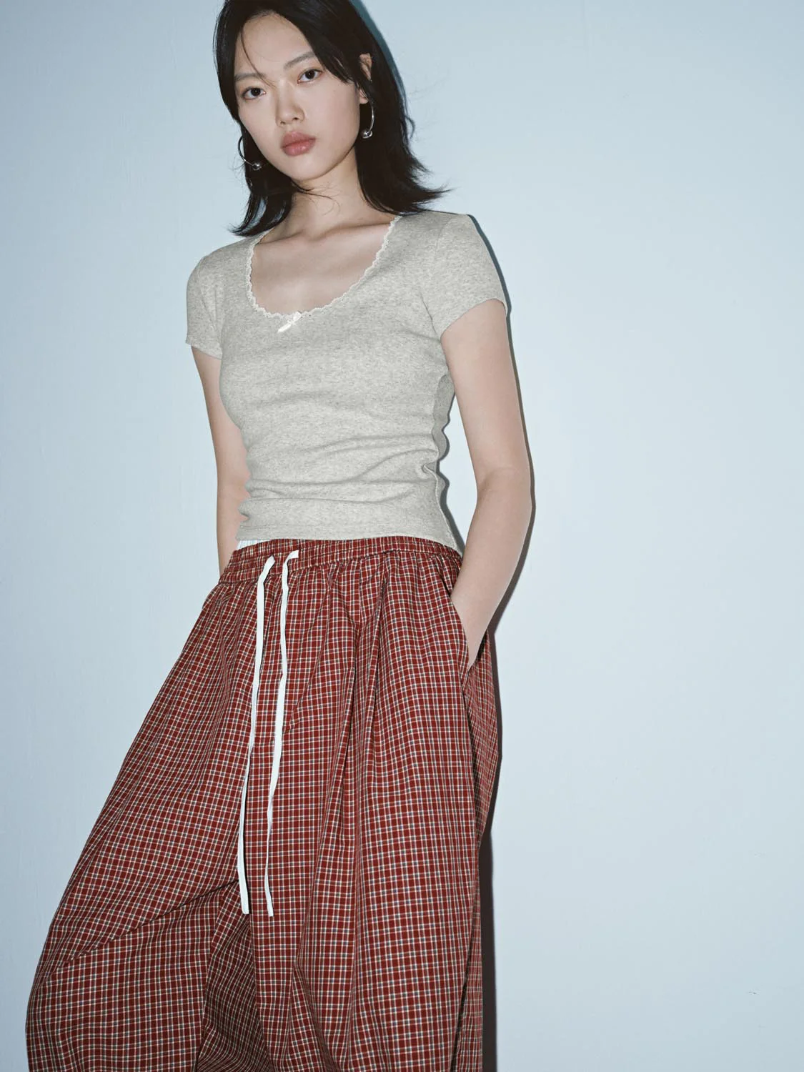 Lace Trim Bow Detail Scoop Neck Skinny-Fit T-Shirts - Image 18