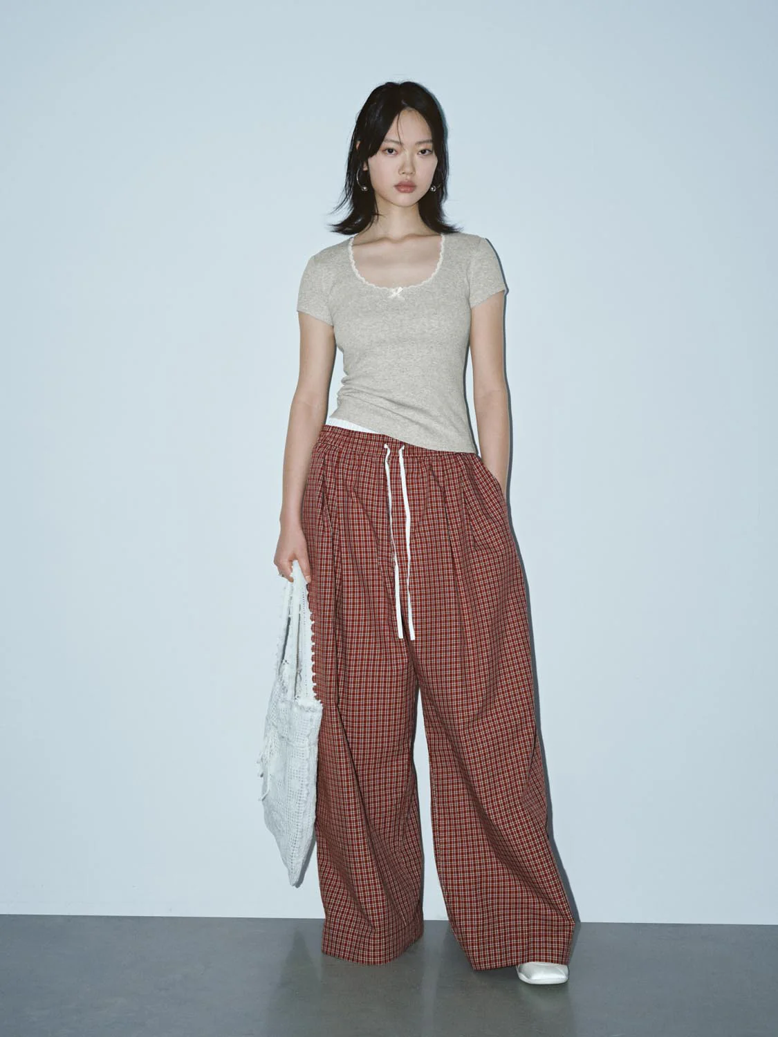 Lace Trim Bow Detail Scoop Neck Skinny-Fit T-Shirts - Image 20