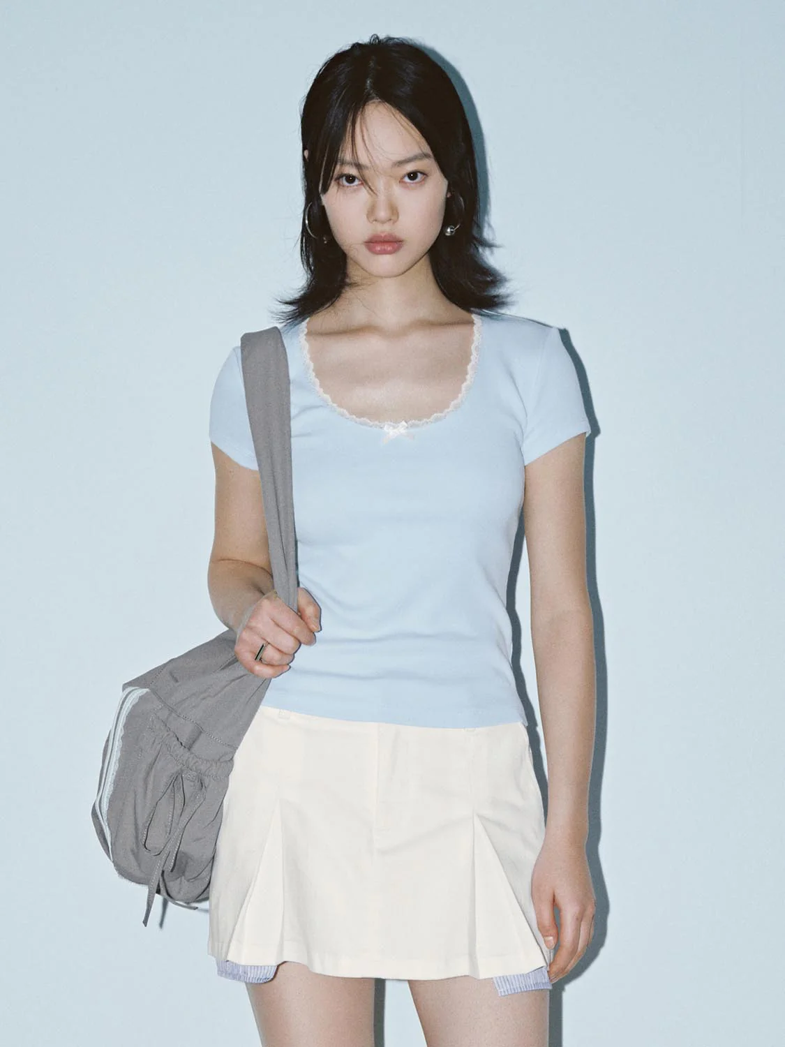 Lace Trim Bow Detail Scoop Neck Skinny-Fit T-Shirts - Image 9