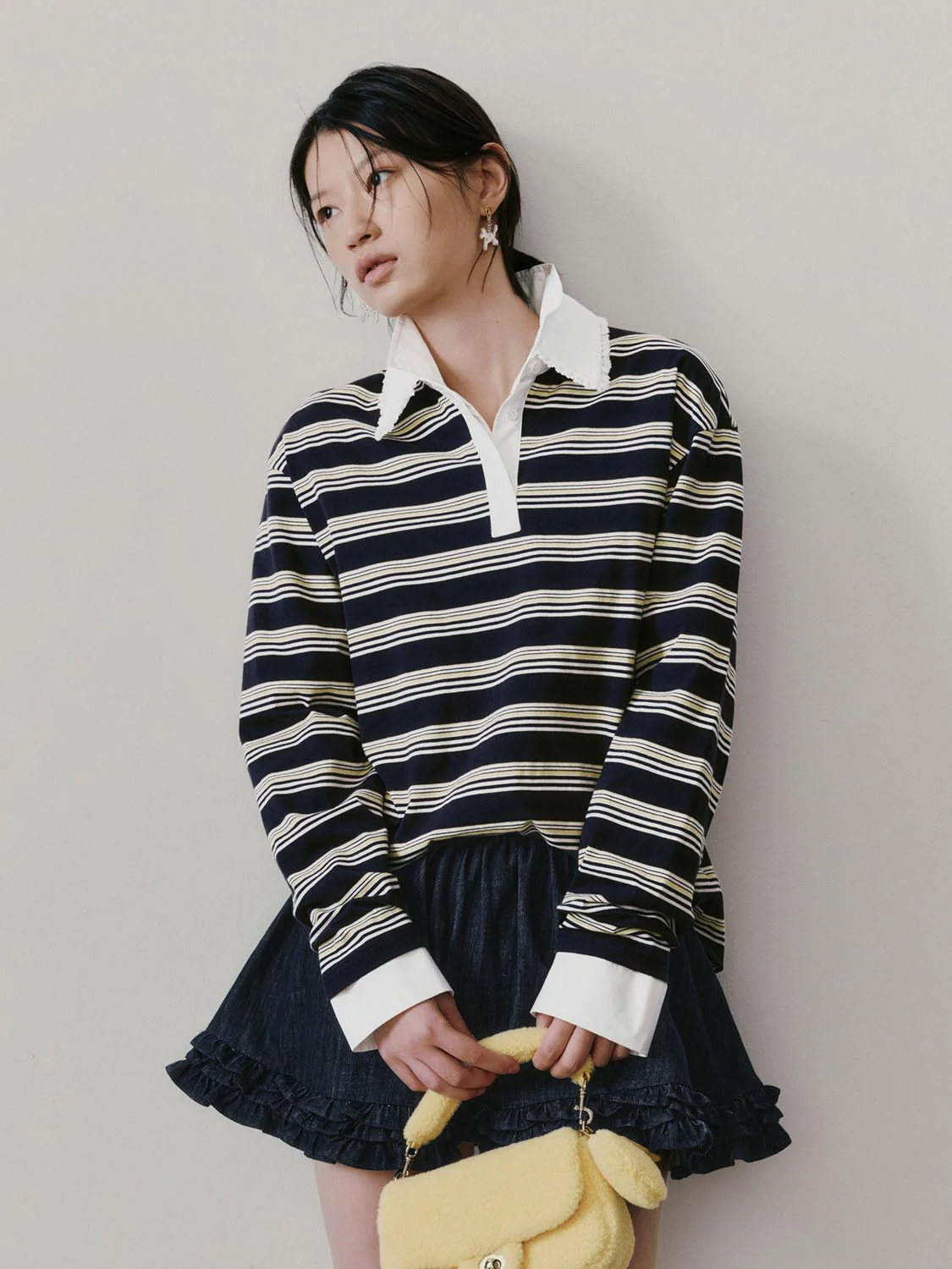 Lace Trim Collared Striped Long Sleeve T-Shirts