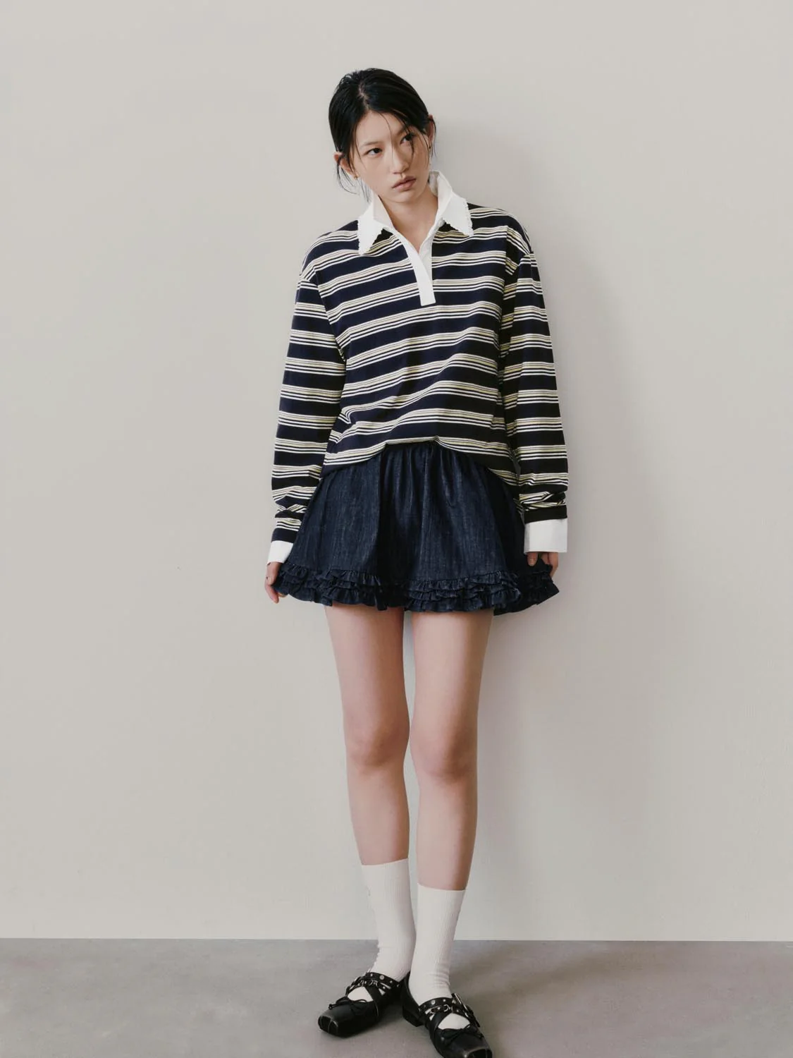 Lace Trim Collared Striped Long Sleeve T-Shirts - Image 4