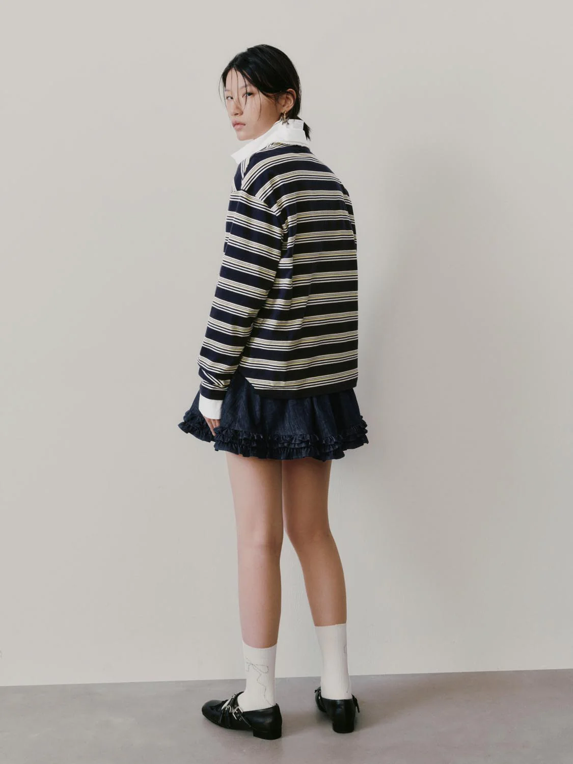 Lace Trim Collared Striped Long Sleeve T-Shirts - Image 6