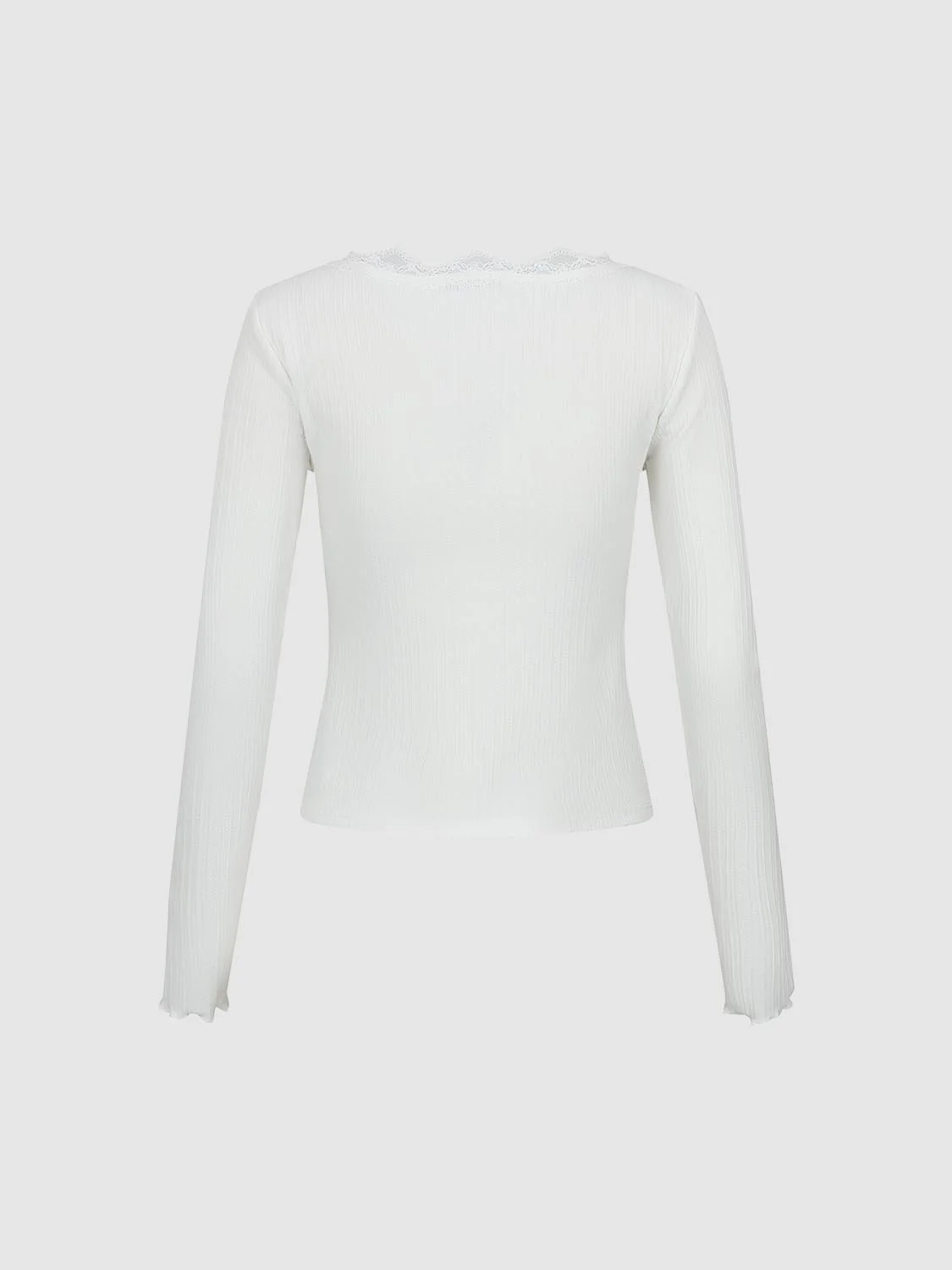 Lace Trim Henley V-Neck Long Sleeve T-Shirts - Image 2