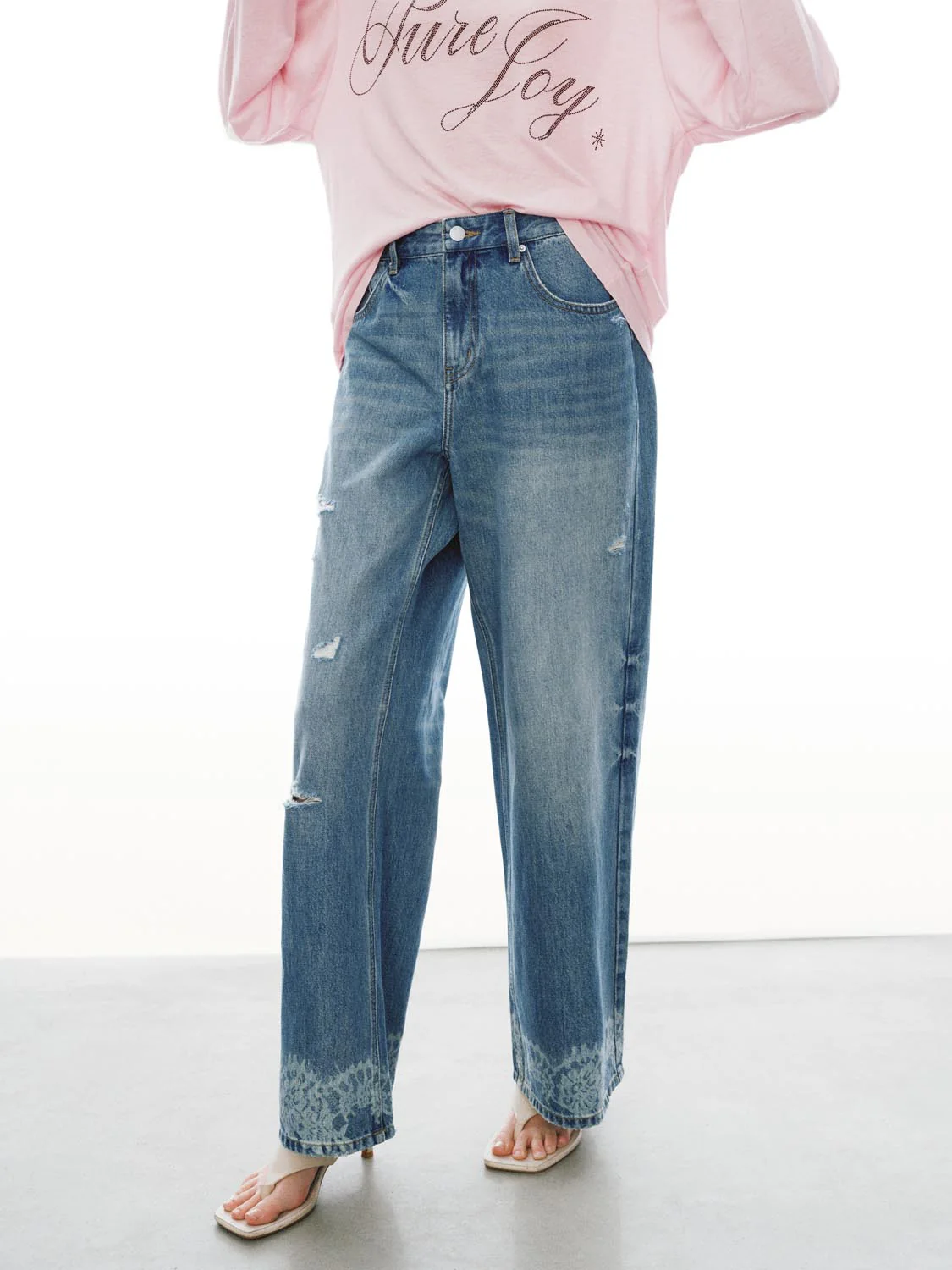 Lace Trim Raw Detail Wide Leg Jeans - Image 3
