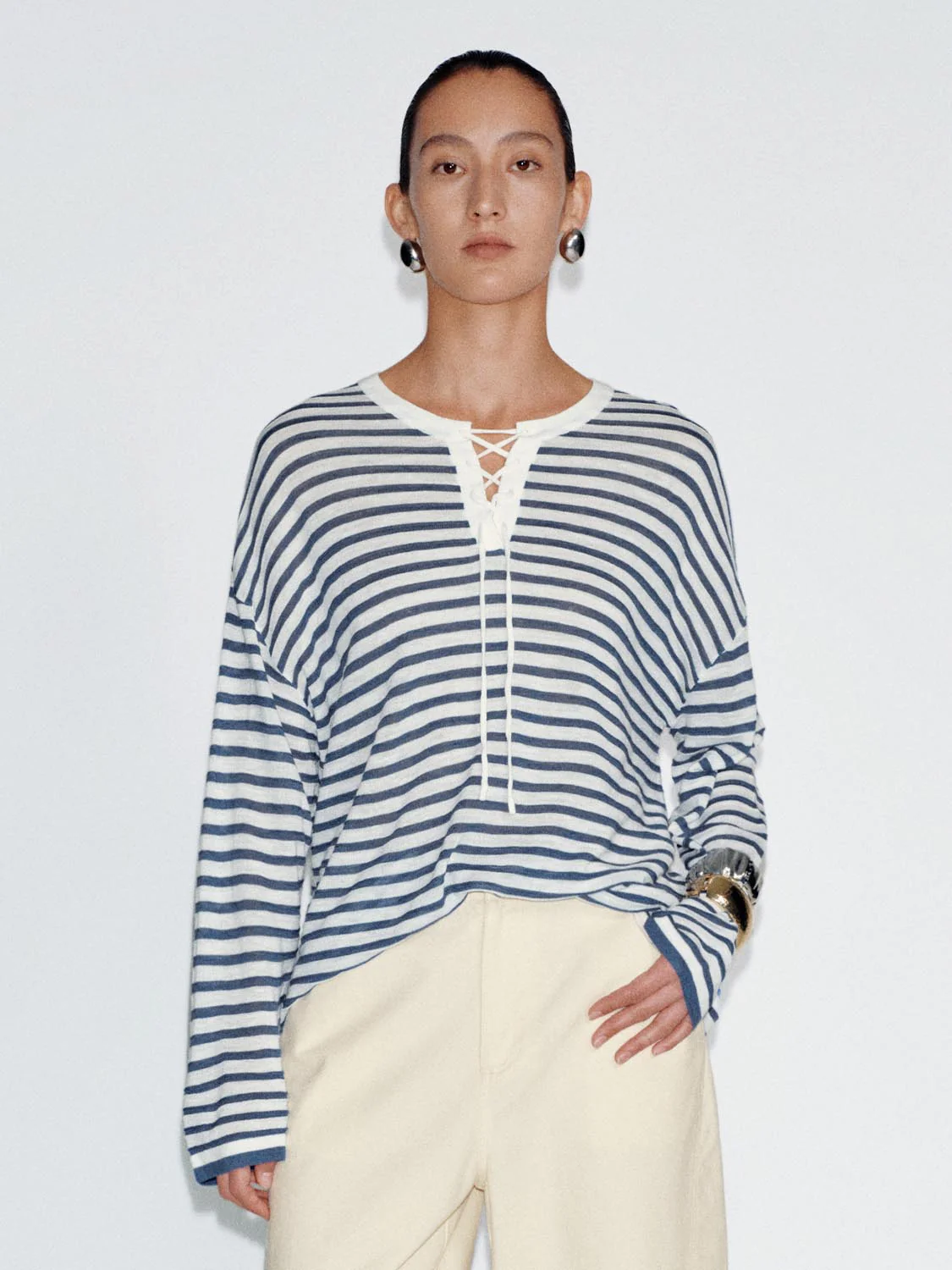 Lace-Up Neck Detail Striped Long Sleeve Knitted T-Shirts