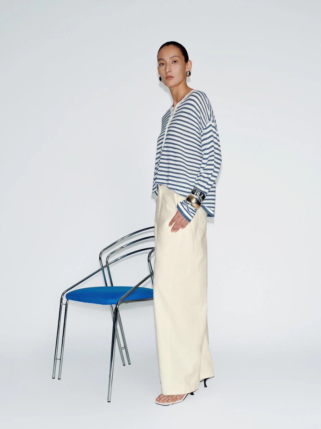 Lace-Up Neck Detail Striped Long Sleeve Knitted T-Shirts - Image 2