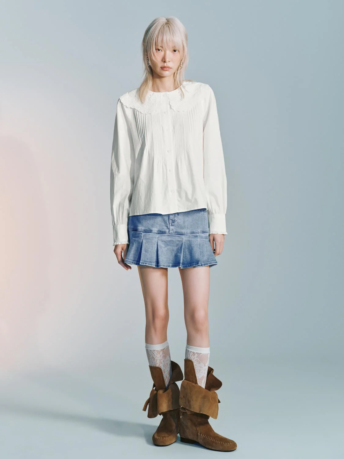Laced Collar Ruffle Trim Accordion Pleated Shirts - Image 5