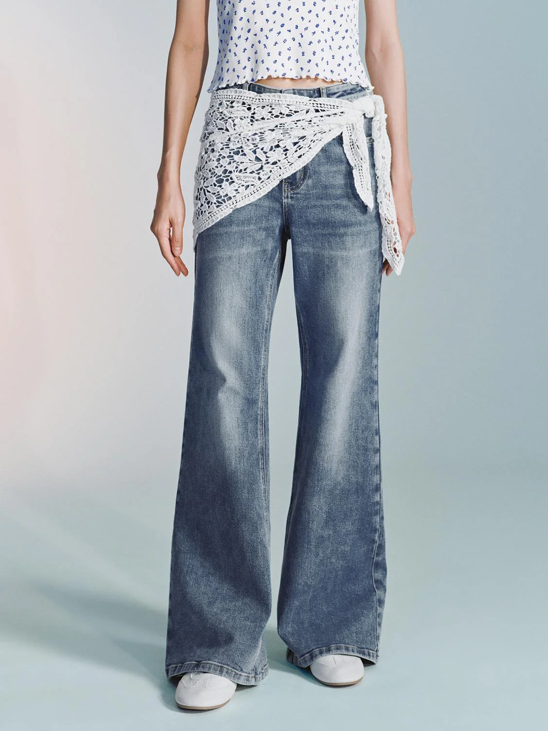 Laced Shirt Extender Detail Flare Leg Jeans