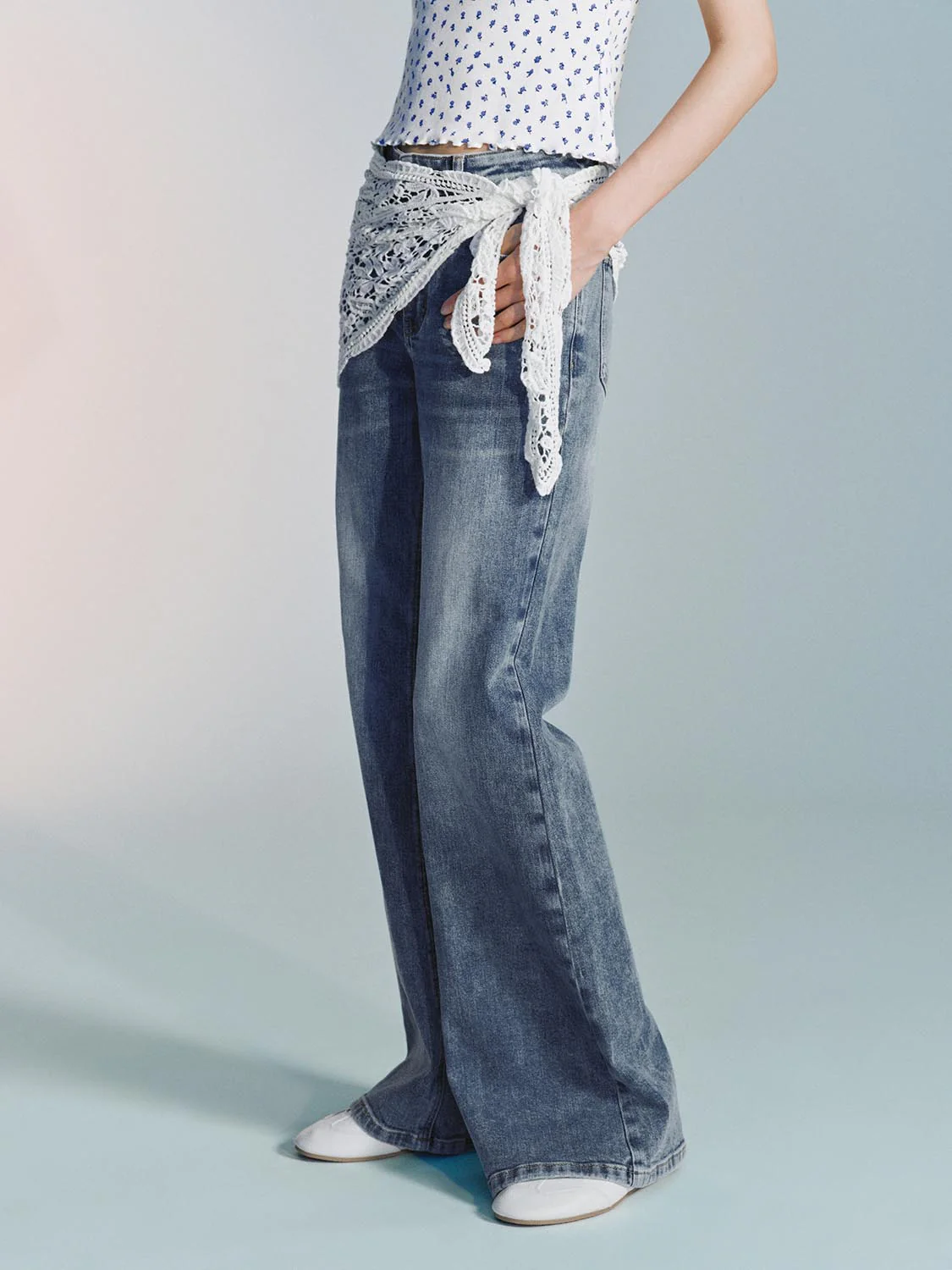 Laced Shirt Extender Detail Flare Leg Jeans - Image 3