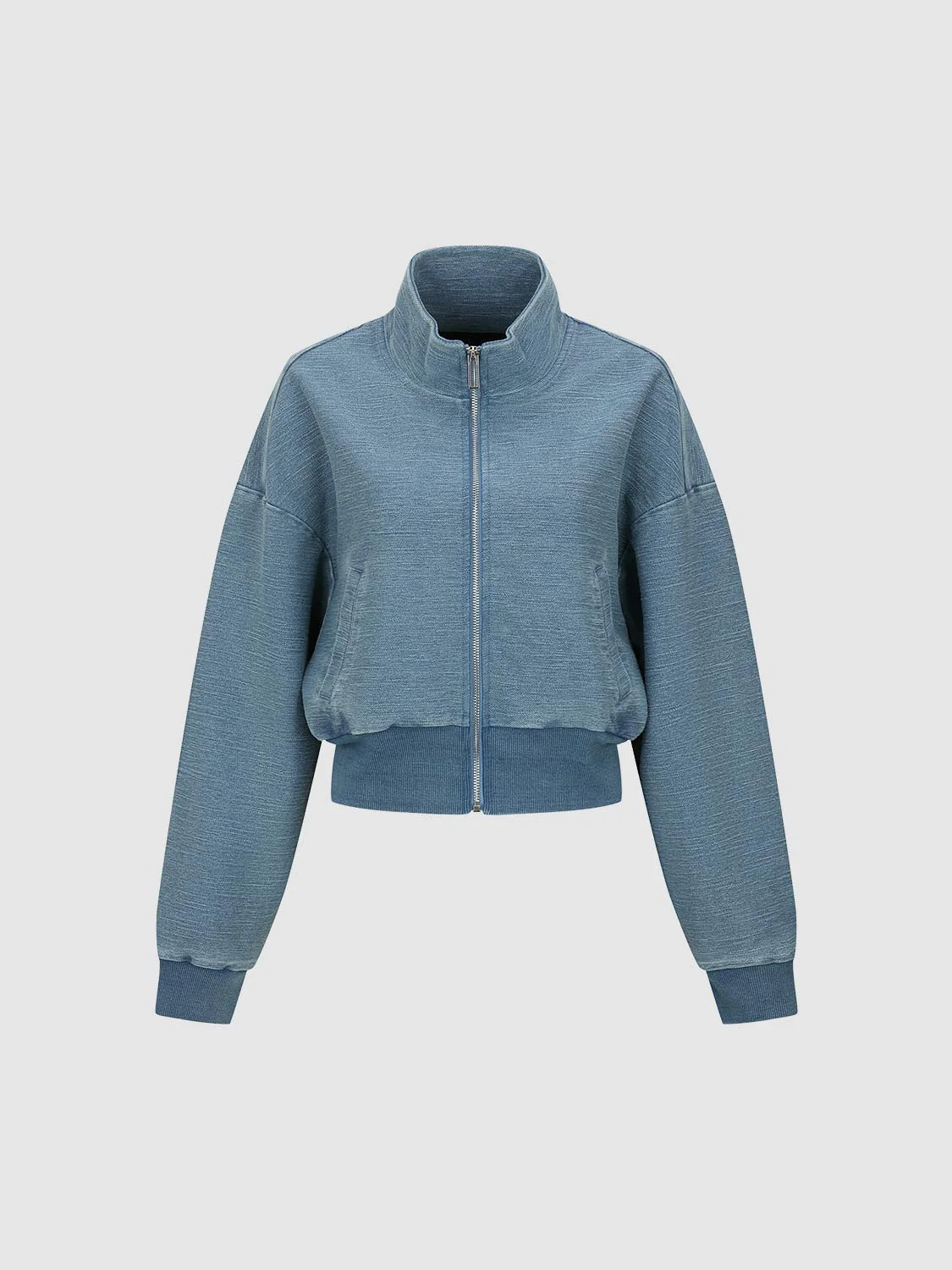 Mock Neck Cropped Denim Bomber Jackets - Image 7