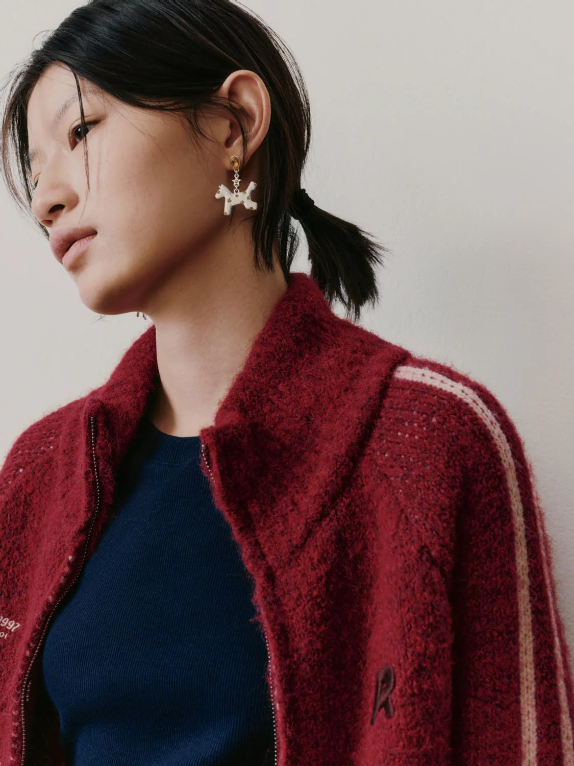 Mock Neck Embroidered Intarsia Knitted Cardigans - Image 3