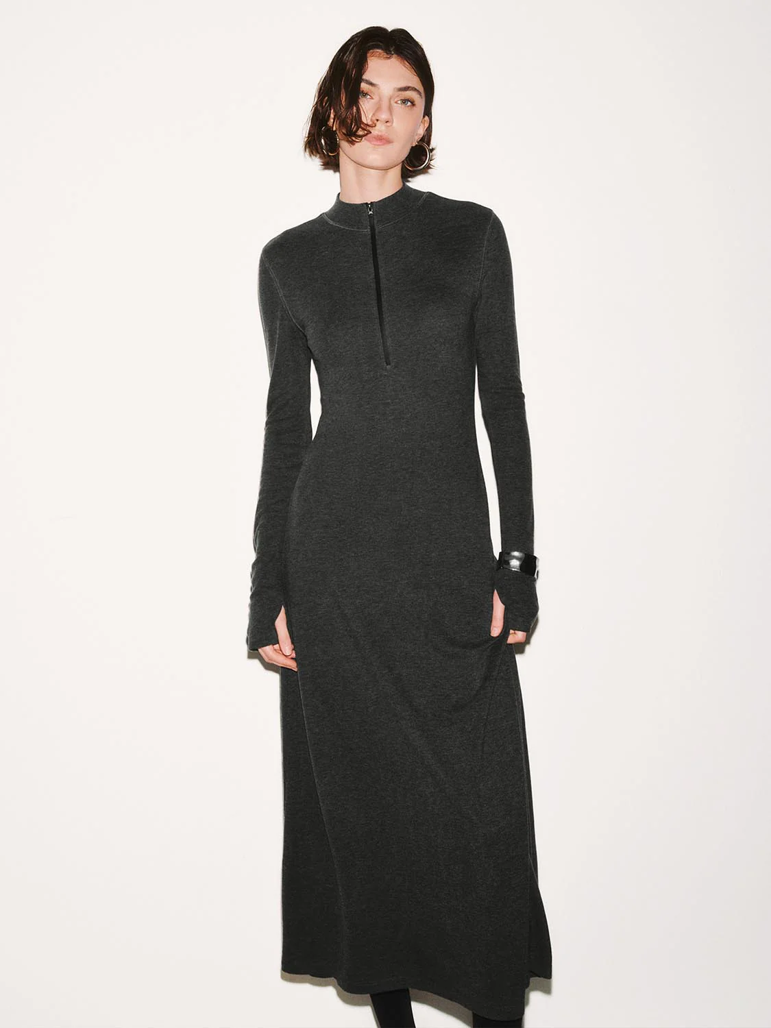 Mock Neck Half Zip A-Line Maxi Dresses - Image 9