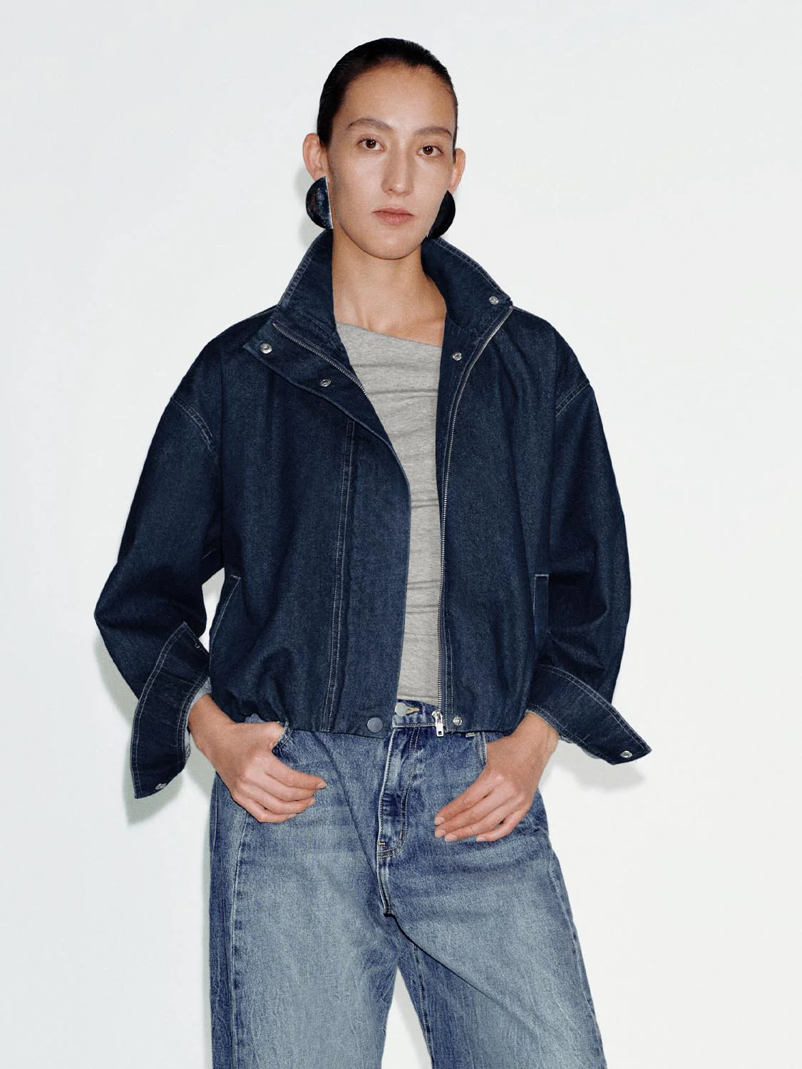 Mock Neck Loose Fit Denim Jackets