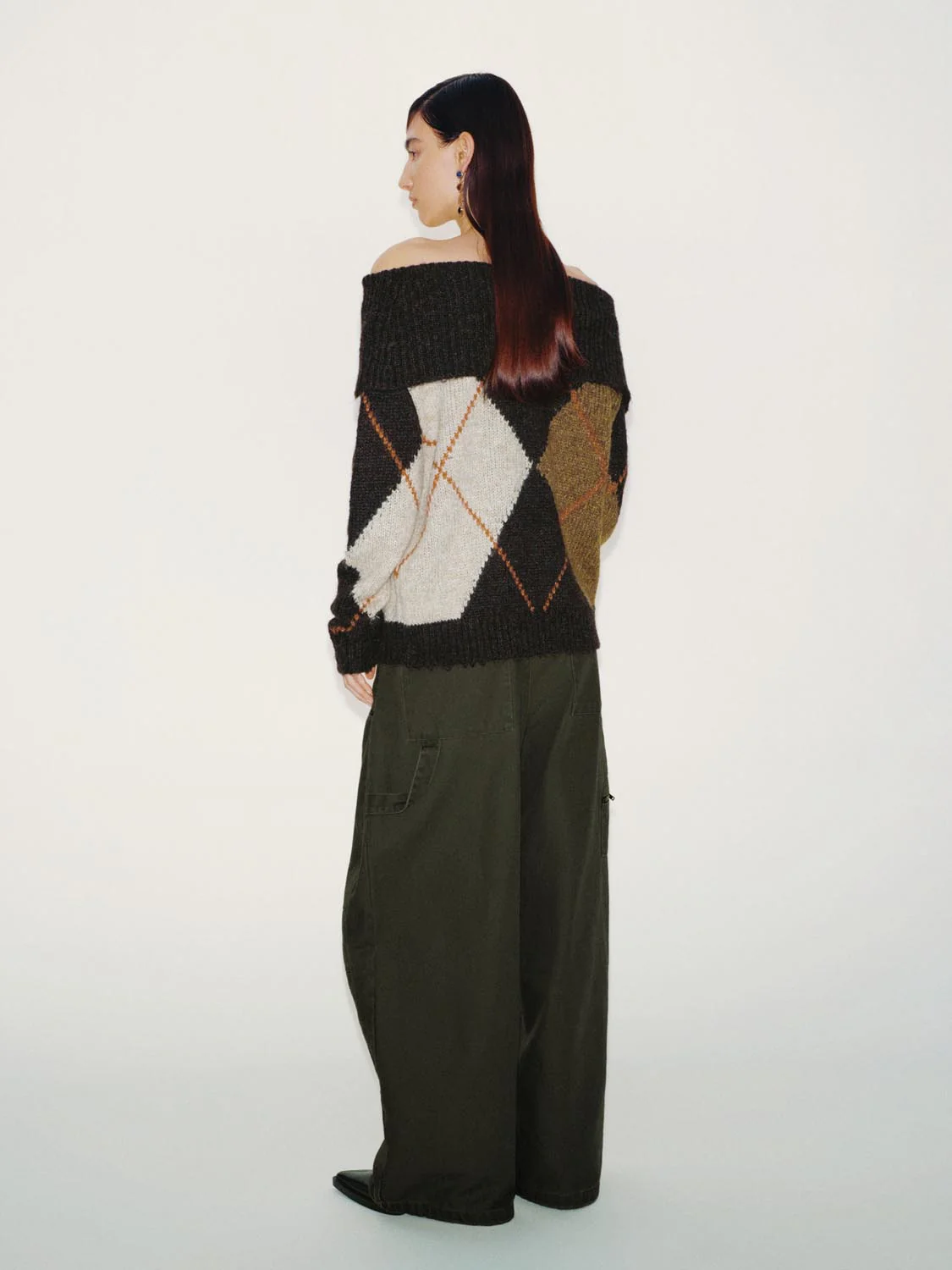 Off Shoulder Folded Argyle Long Sleeve Knitted T-Shirts - Image 6