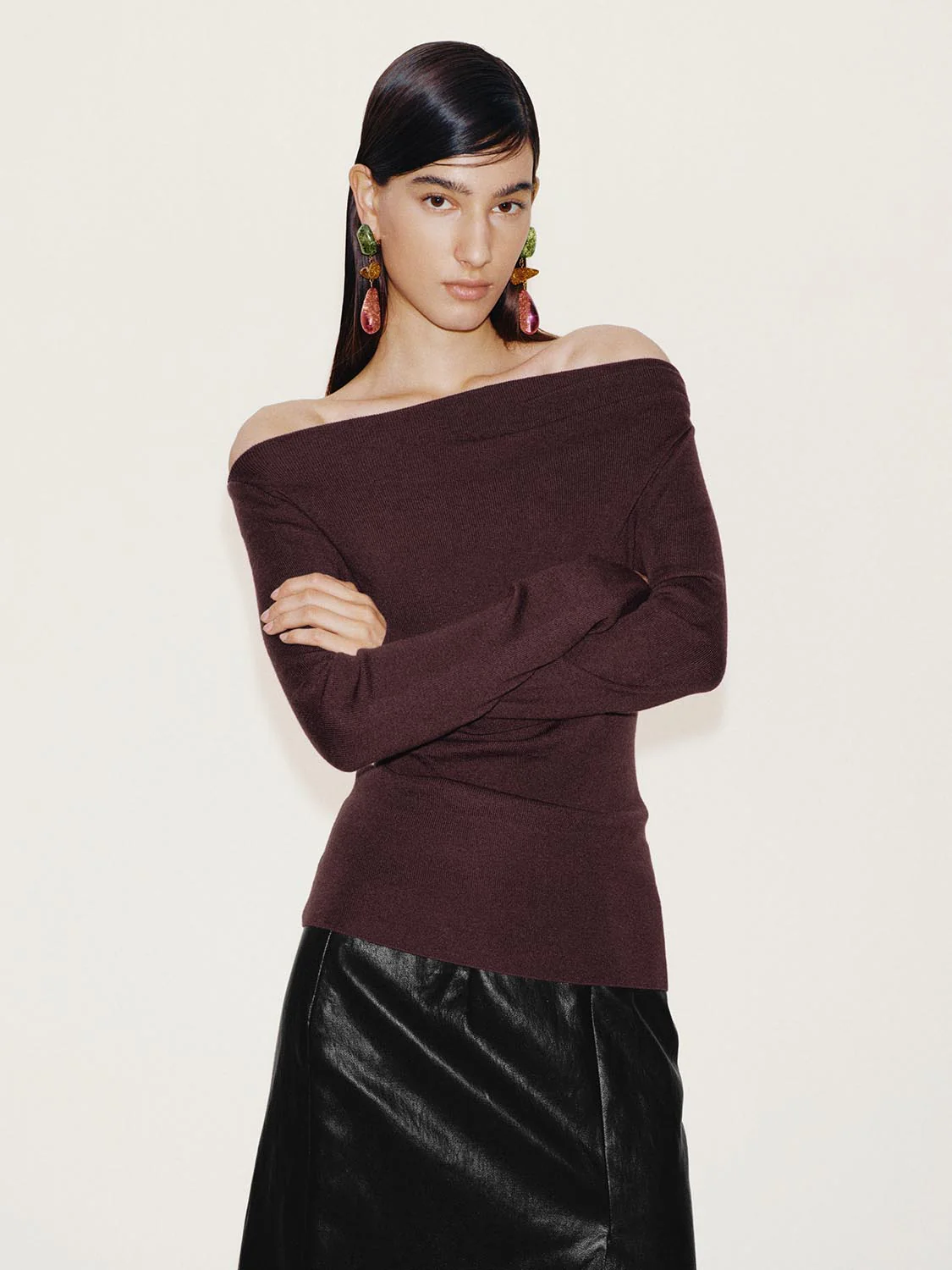 Off Shoulder Ruched Long Sleeve Knitted T-Shirts - Image 25