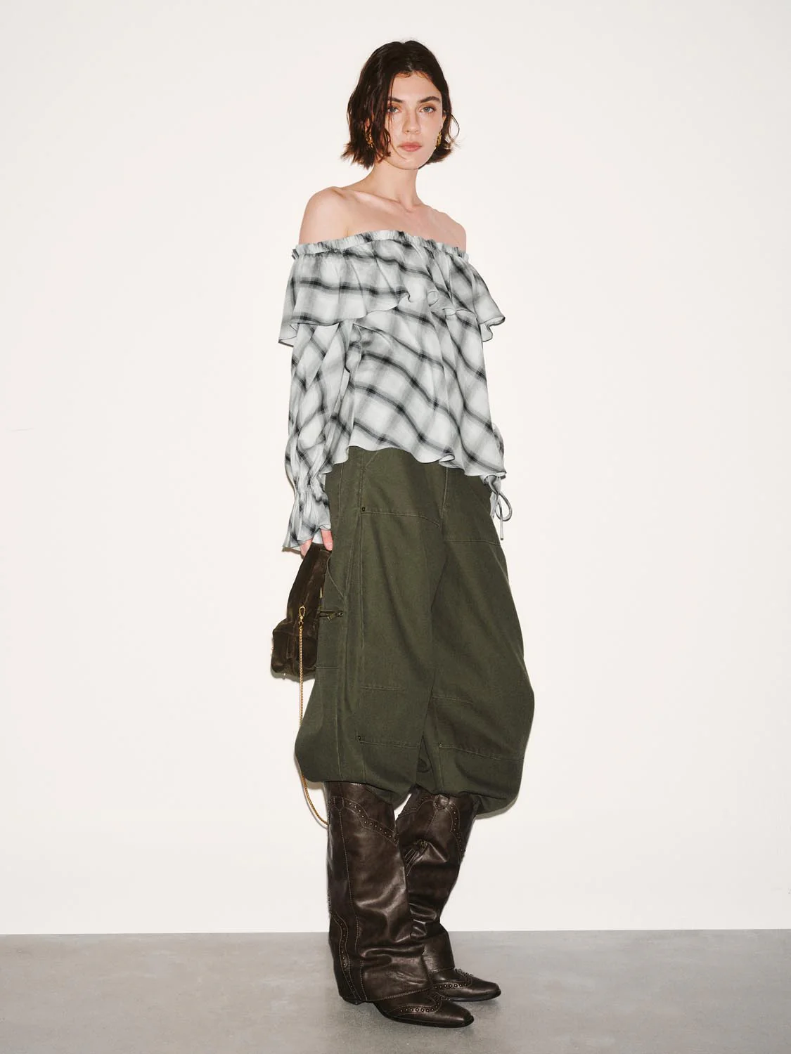 Off Shoulder Ruffle Detail Contrast Check Overhead Shirts - Image 5