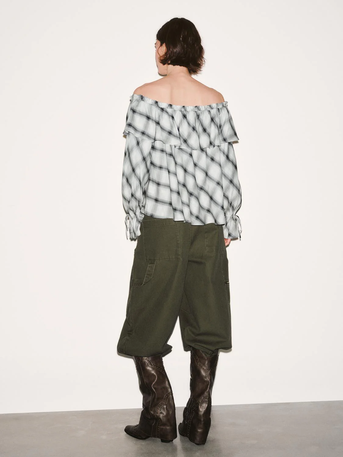 Off Shoulder Ruffle Detail Contrast Check Overhead Shirts - Image 6