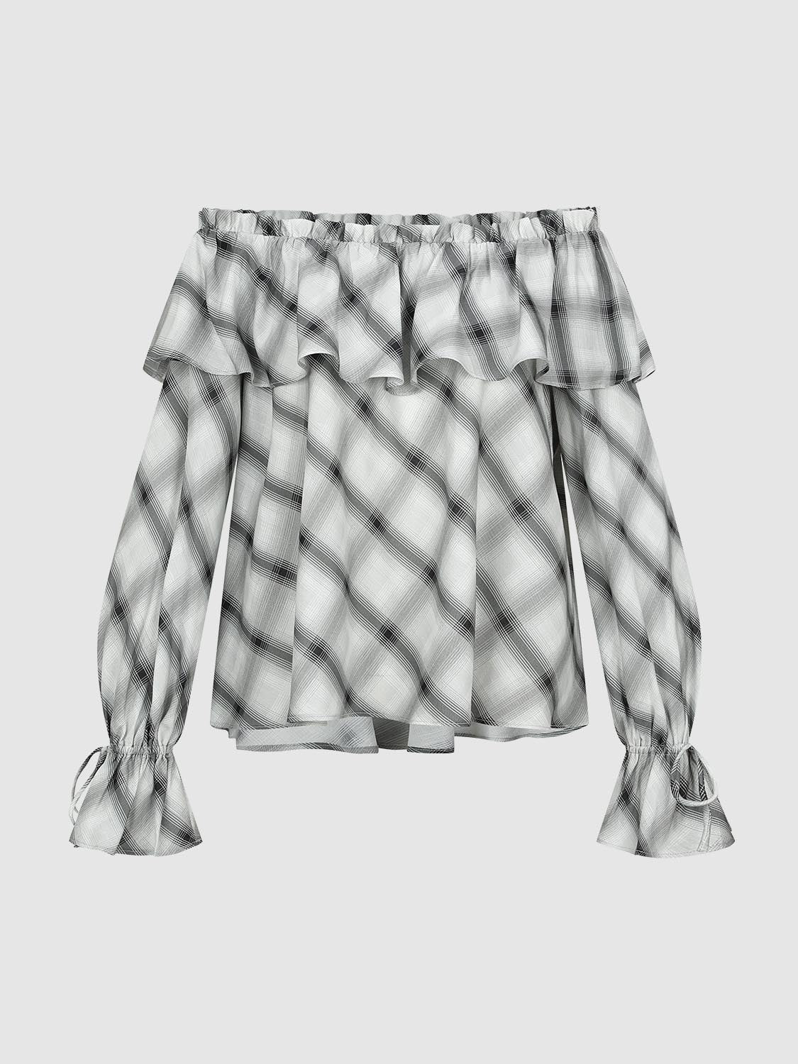 Off Shoulder Ruffle Detail Contrast Check Overhead Shirts - Image 7