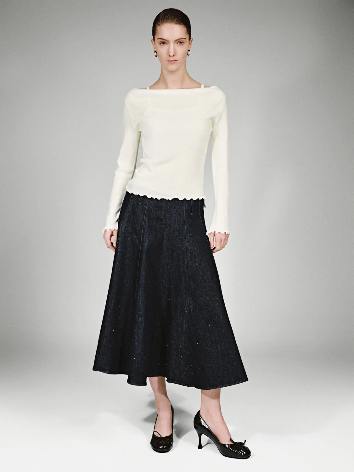 Off Shoulder Strappy Long Sleeve Knitted T-Shirts - Image 4