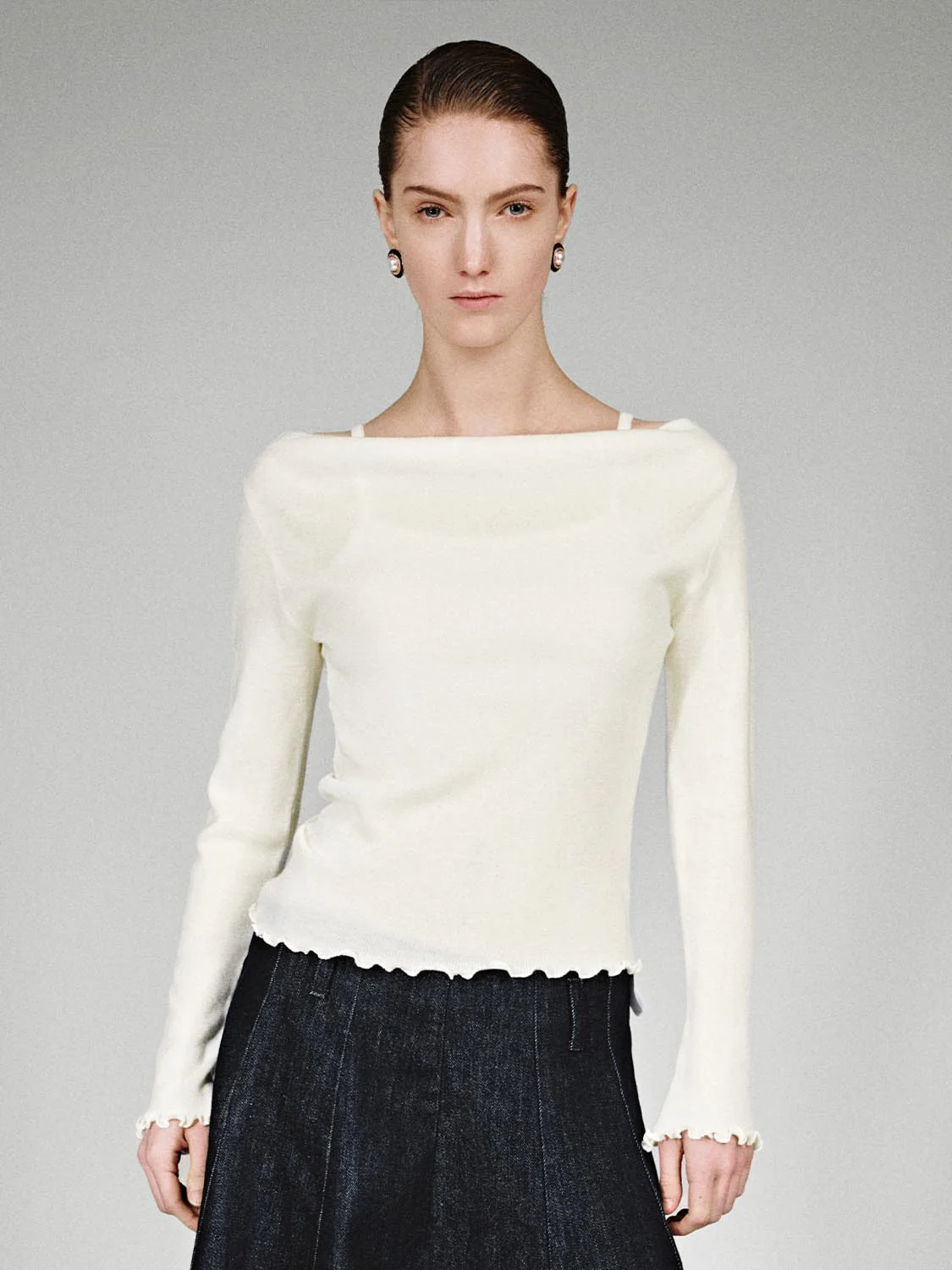 Off Shoulder Strappy Long Sleeve Knitted T-Shirts - Image 9