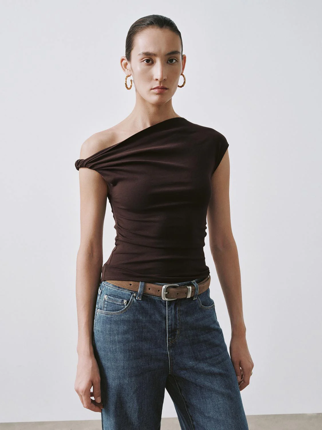 One Shoulder Ruched Capped Sleeve T-Shirts