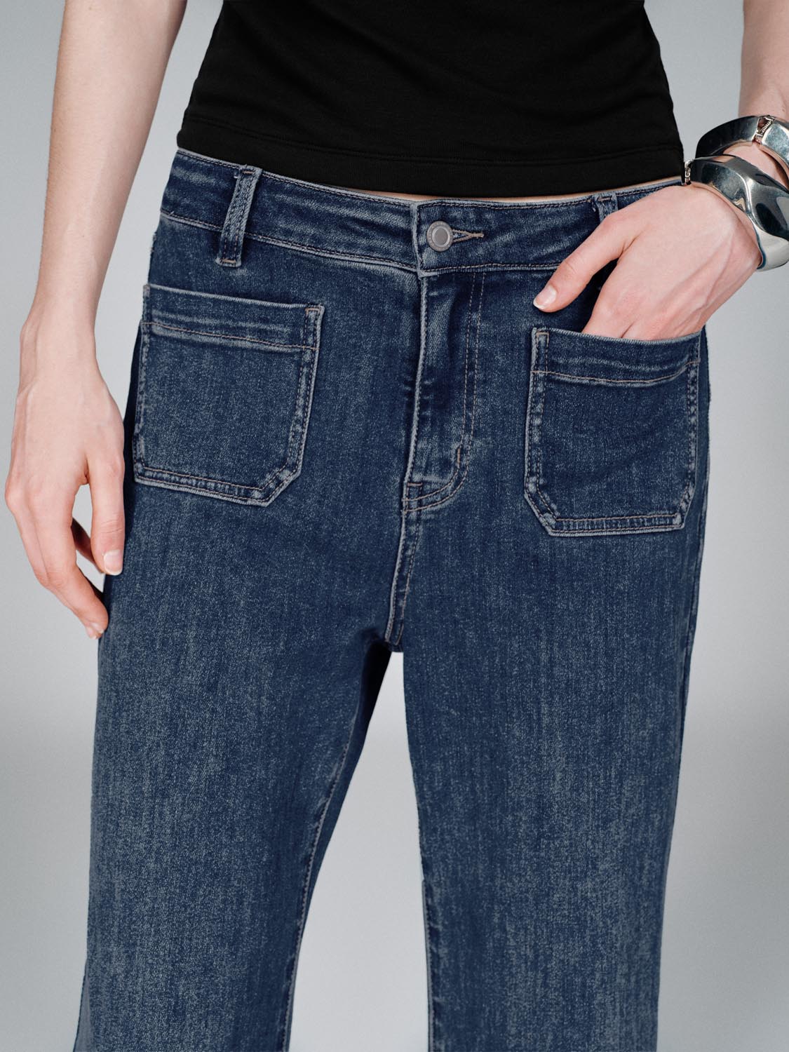 Patch Pocket Stitch Detail Flare Leg Jeans - Image 5