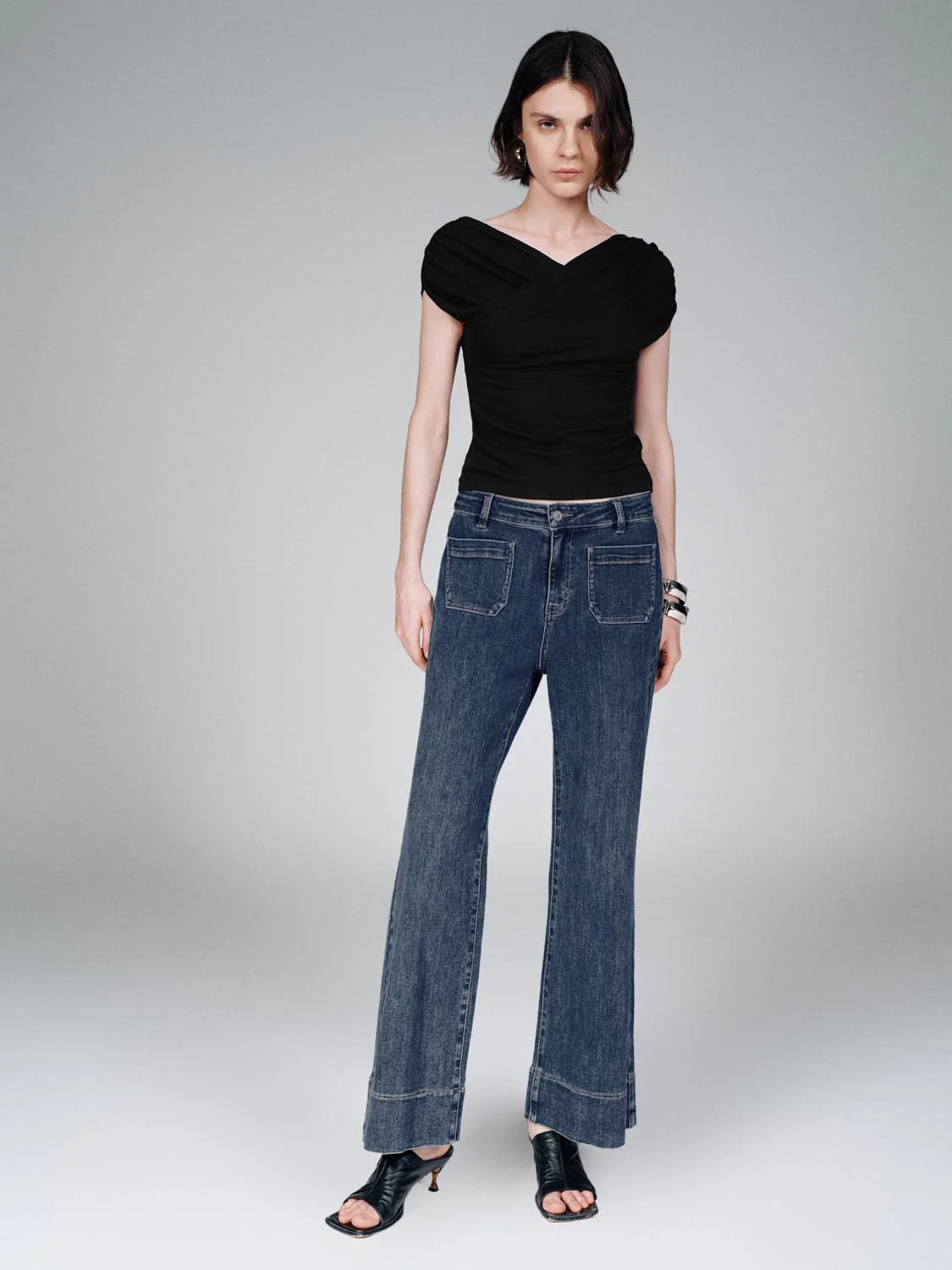 Patch Pocket Stitch Detail Flare Leg Jeans - Image 6